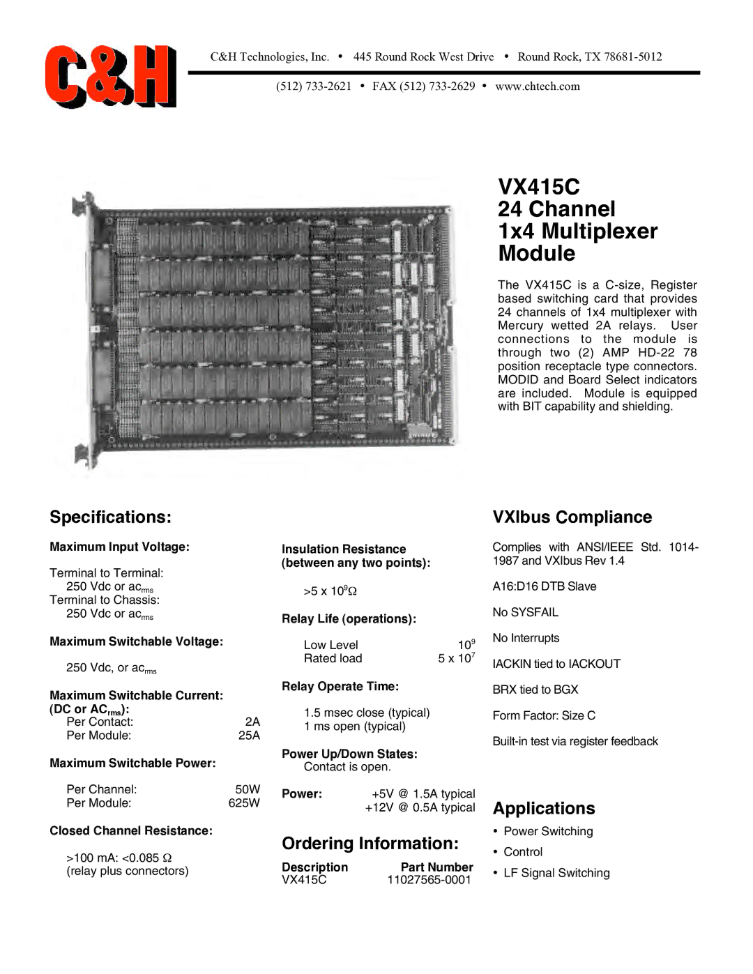 CH Tech specifications VX415C Channel 1x4 Multiplexer Module, Specifications, Ordering Information, Applications 