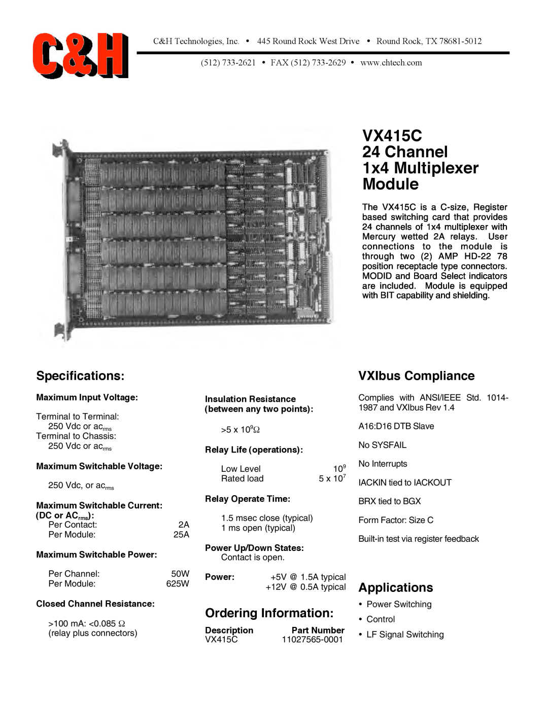 CH Tech specifications VX415C 24 Channel 1x4 Multiplexer Module, Specifications, Ordering Information, Applications 