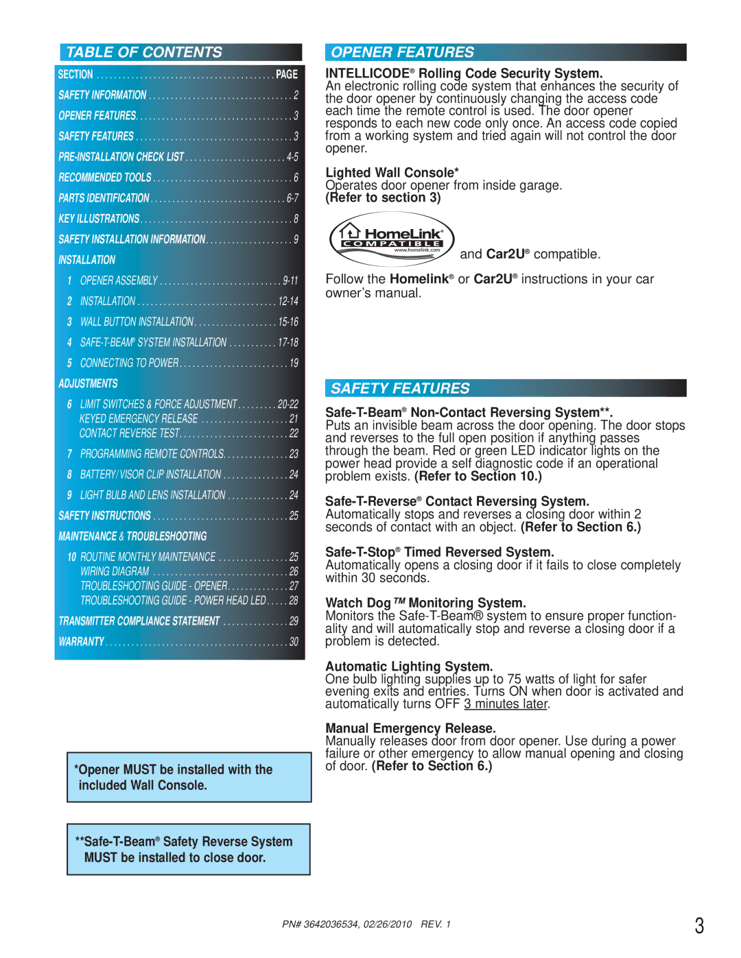 Chamberlain 1042, 1024, 1022 manual Table of Contents, Opener Features, Safety Features 