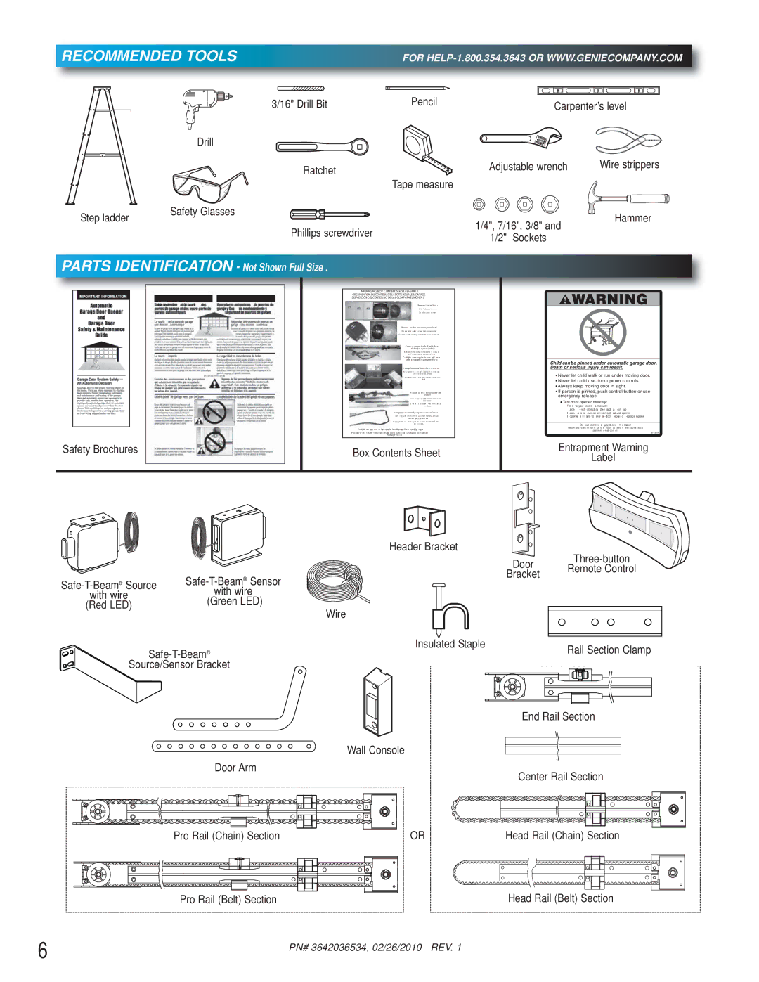 Chamberlain 1042, 1024, 1022 manual Recommended Tools, Parts Identification Not Shown Full Size 