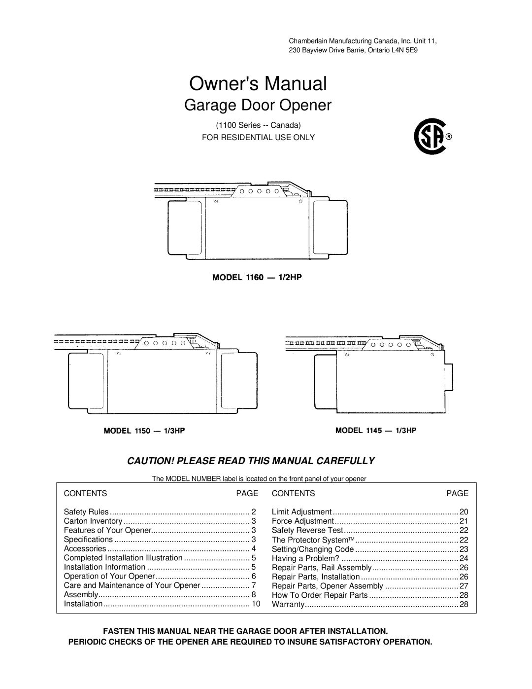 Chamberlain 1150-1/3HP, 1145-1/3HP, 1160-1/2HP owner manual Garage Door Opener 