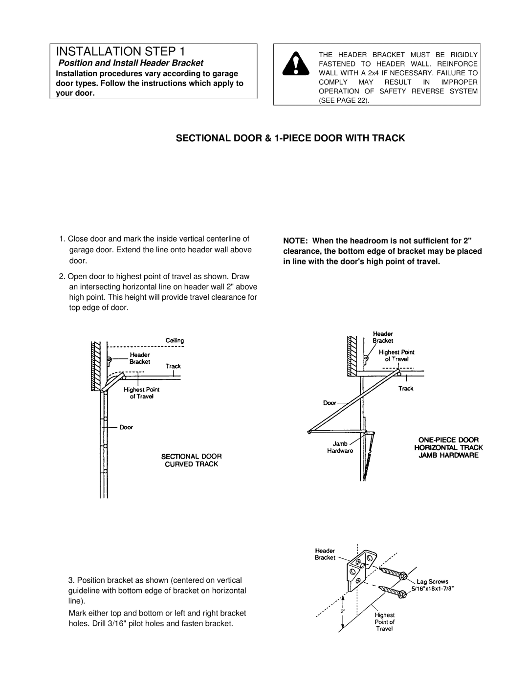 Chamberlain 1150-1/3HP, 1145-1/3HP, 1160-1/2HP owner manual Installation Step, Sectional Door & 1-PIECE Door with Track 