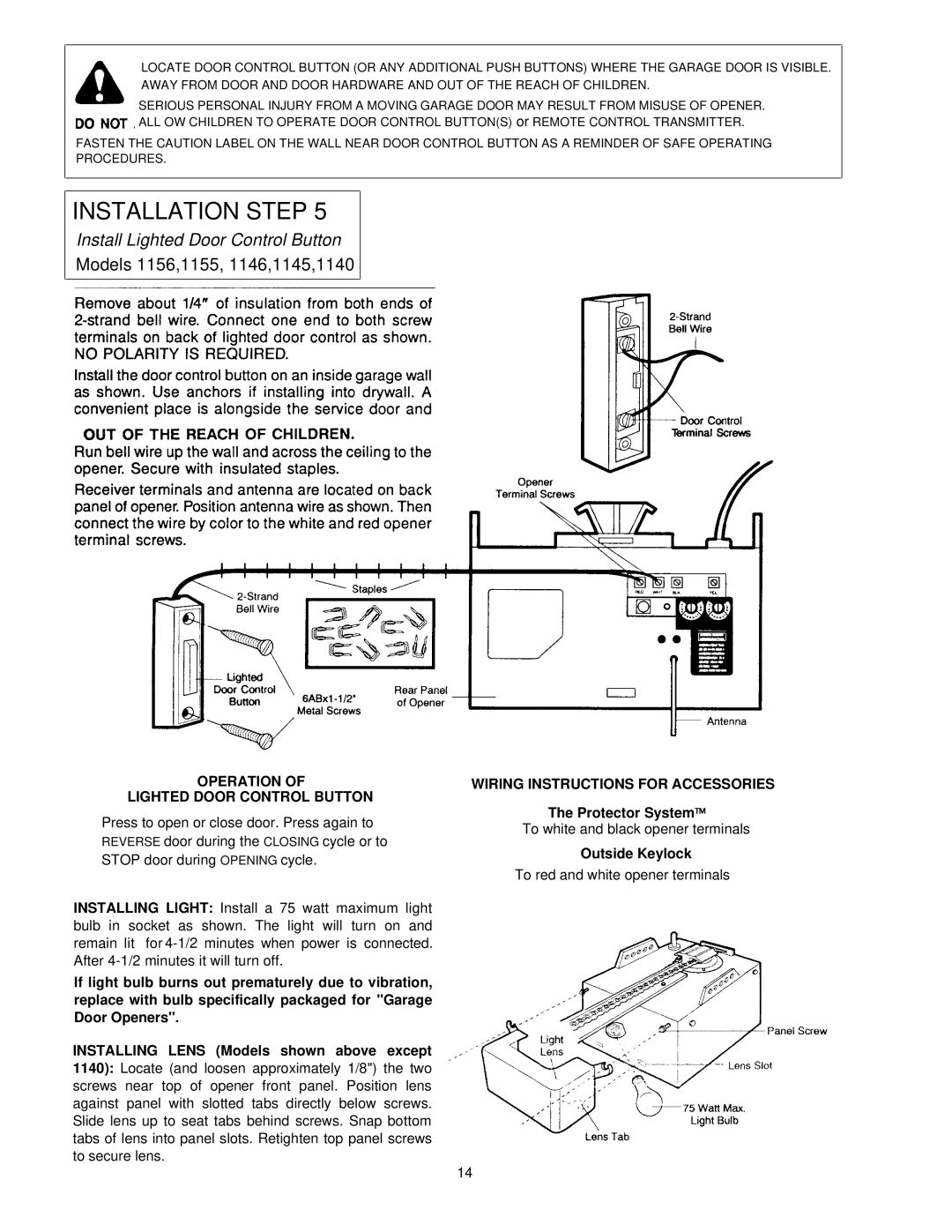 Chamberlain 1160-1/2HP, 1145-1/3HP, 1150-1/3HP Operation Lighted Door Control Button, Wiring Instructions for Accessories 