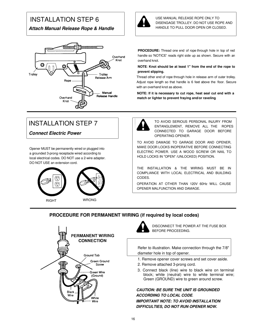 Chamberlain 1150-1/3HP, 1145-1/3HP, 1160-1/2HP owner manual Attach Manual Release Rope & Handle, Connect Electric Power 