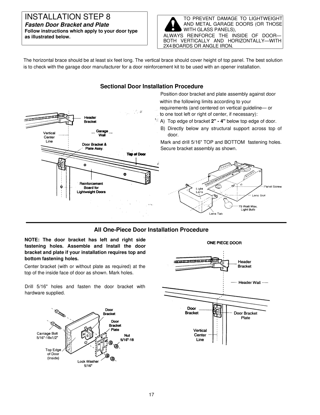 Chamberlain 1160-1/2HP, 1145-1/3HP, 1150-1/3HP Fasten Door Bracket and Plate, Sectional Door Installation Procedure 