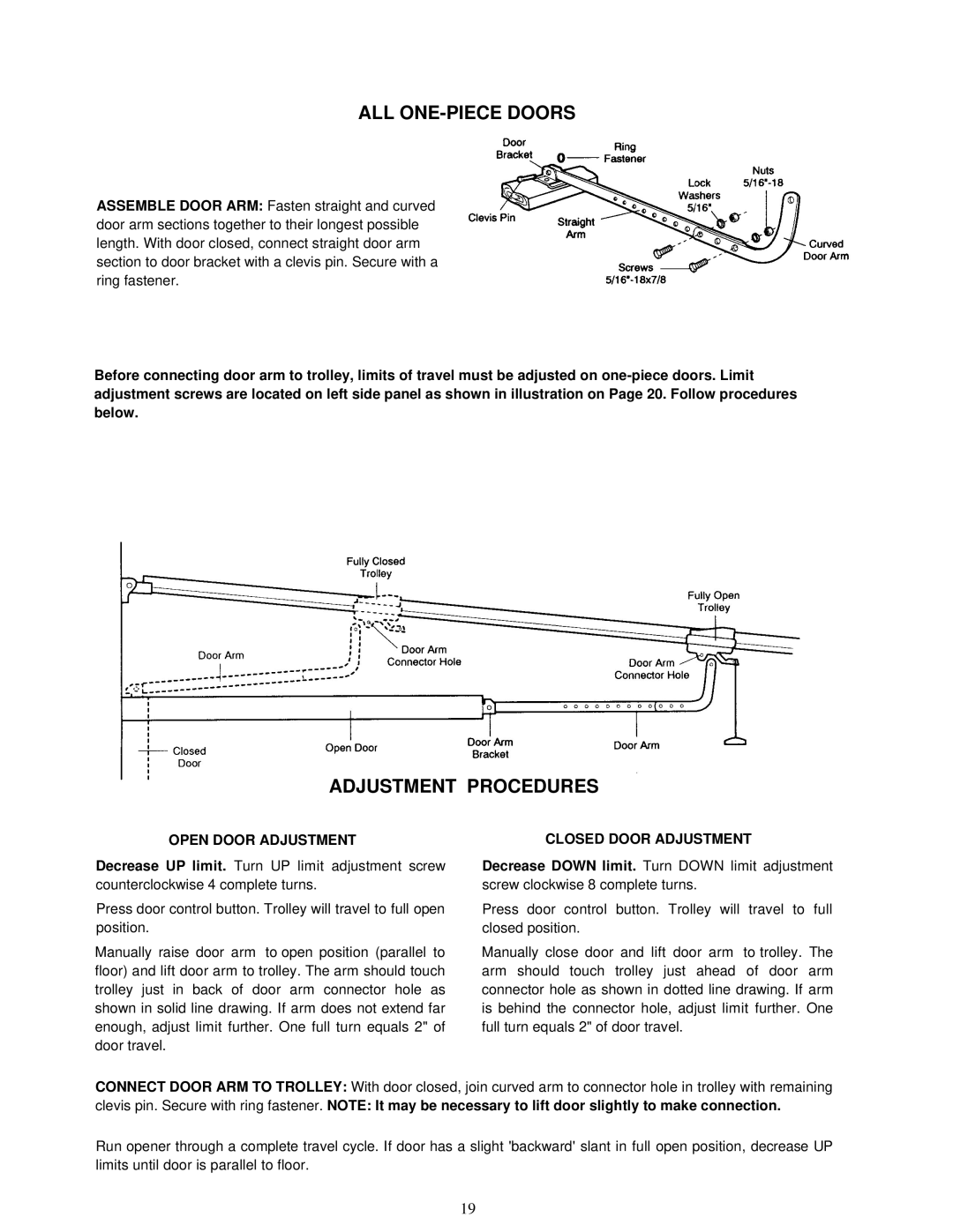 Chamberlain 1150-1/3HP, 1145-1/3HP, 1160-1/2HP owner manual ALL ONE-PIECE Doors, Open Door Adjustment Closed Door Adjustment 