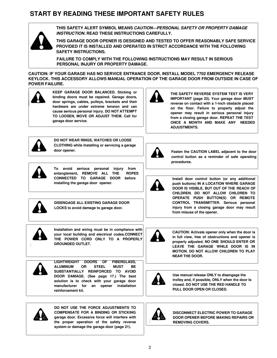 Chamberlain 1160-1/2HP, 1145-1/3HP, 1150-1/3HP owner manual Start by Reading These Important Safety Rules 