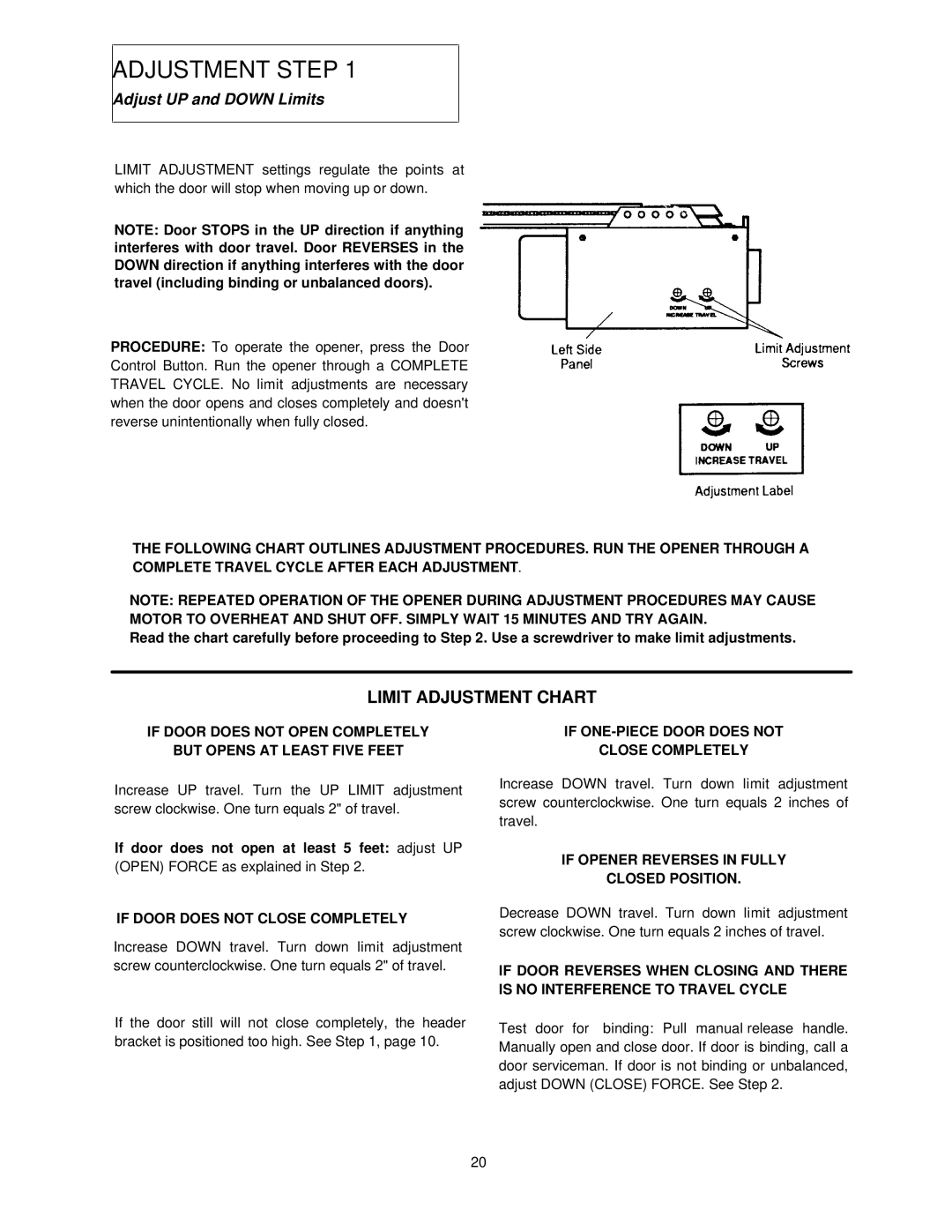 Chamberlain 1160-1/2HP, 1145-1/3HP, 1150-1/3HP owner manual Limit Adjustment Chart, If Door does not Close Completely 