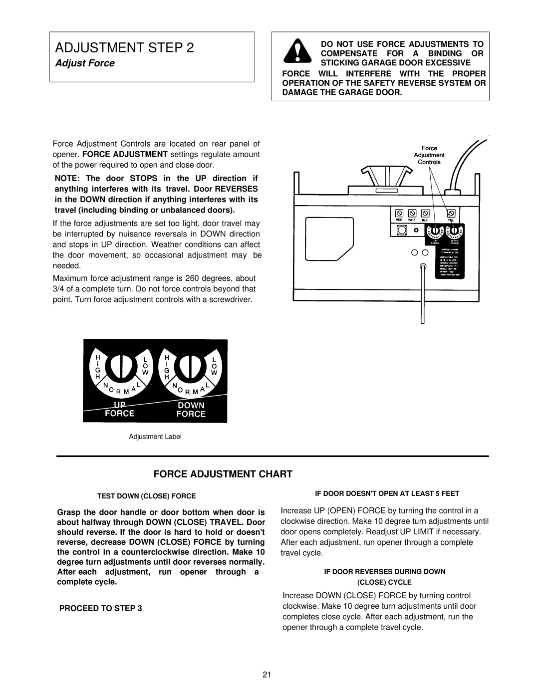 Chamberlain 1145-1/3HP Adjust Force, Force Adjustment Chart, Proceed to Step, If Door Reverses During Down Close Cycle 