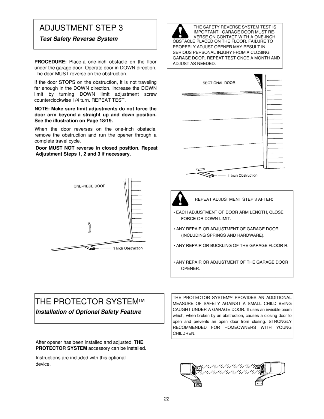 Chamberlain 1150-1/3HP, 1145-1/3HP, 1160-1/2HP Test Safety Reverse System, Installation of Optional Safety Feature 