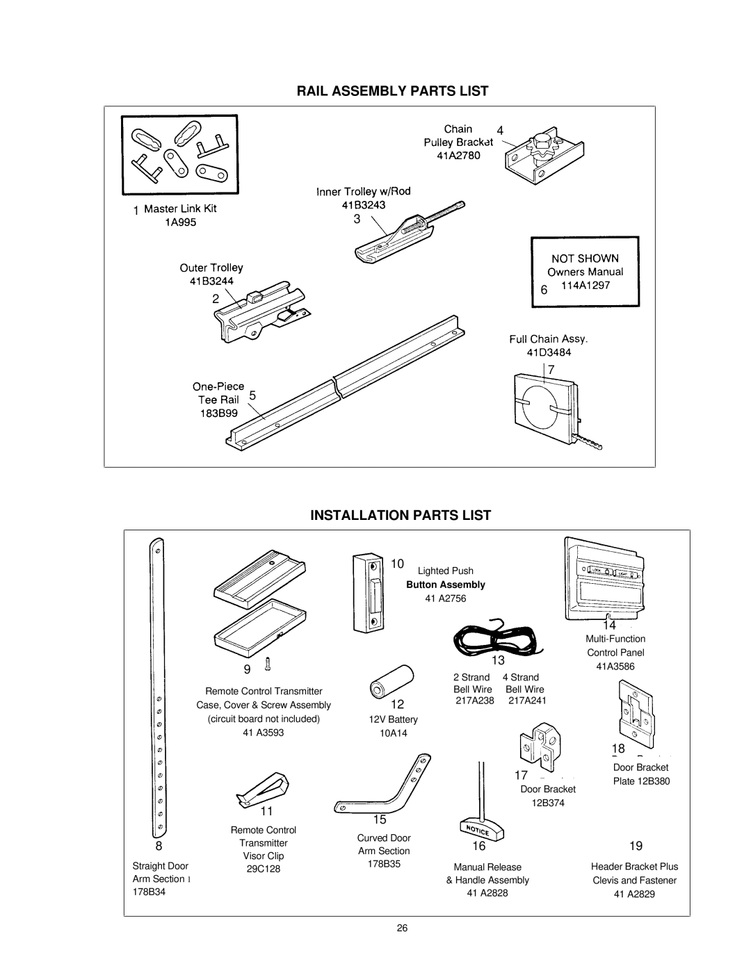 Chamberlain 1160-1/2HP, 1145-1/3HP, 1150-1/3HP owner manual Rail Assembly Parts List Installation Parts List, Button Assembly 