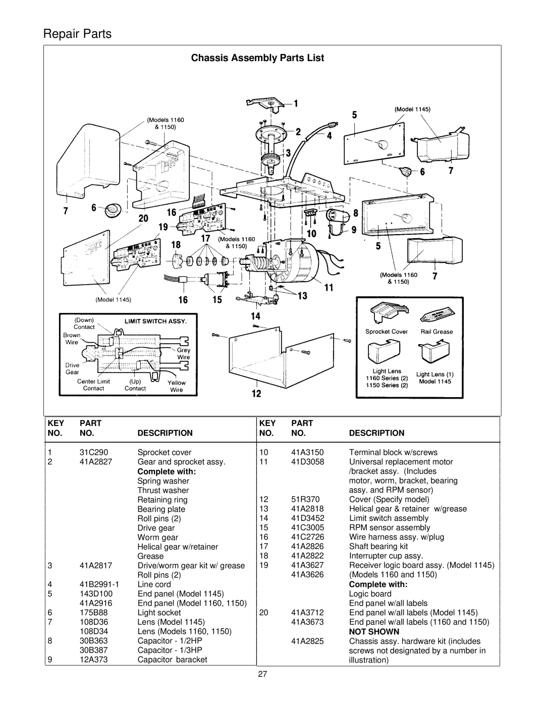 Chamberlain 1145-1/3HP, 1150-1/3HP, 1160-1/2HP owner manual Chassis Assembly Parts List, KEY Part Description, Not Shown 