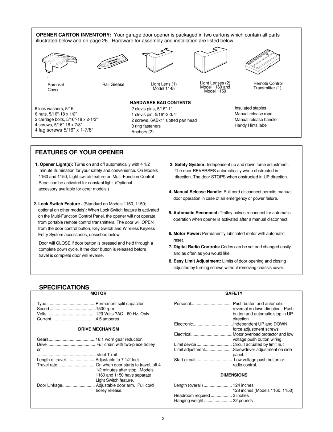 Chamberlain 1145-1/3HP, 1150-1/3HP, 1160-1/2HP owner manual Features of Your Opener, Specifications 