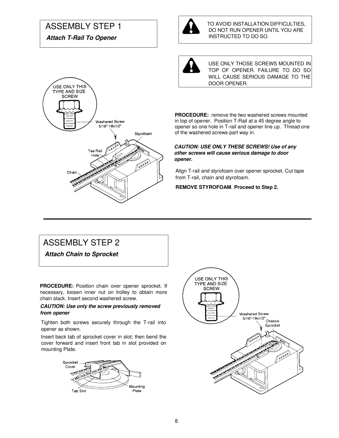 Chamberlain 1160-1/2HP, 1145-1/3HP, 1150-1/3HP owner manual Attach T-Rail To Opener, Attach Chain to Sprocket 