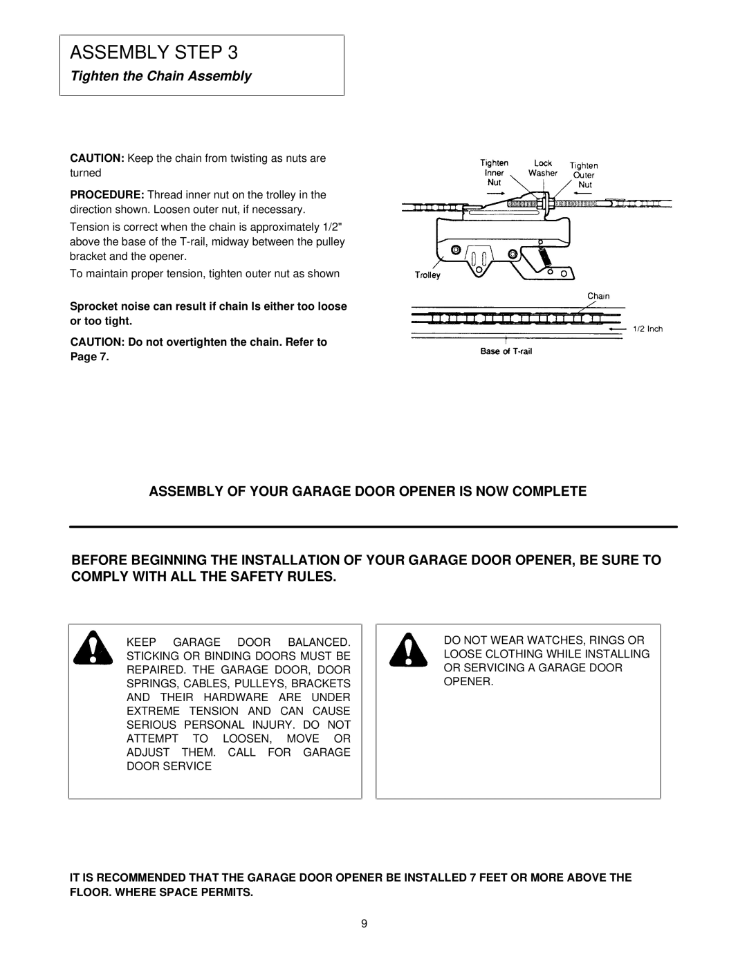 Chamberlain 1145-1/3HP, 1150-1/3HP, 1160-1/2HP owner manual Tighten the Chain Assembly 