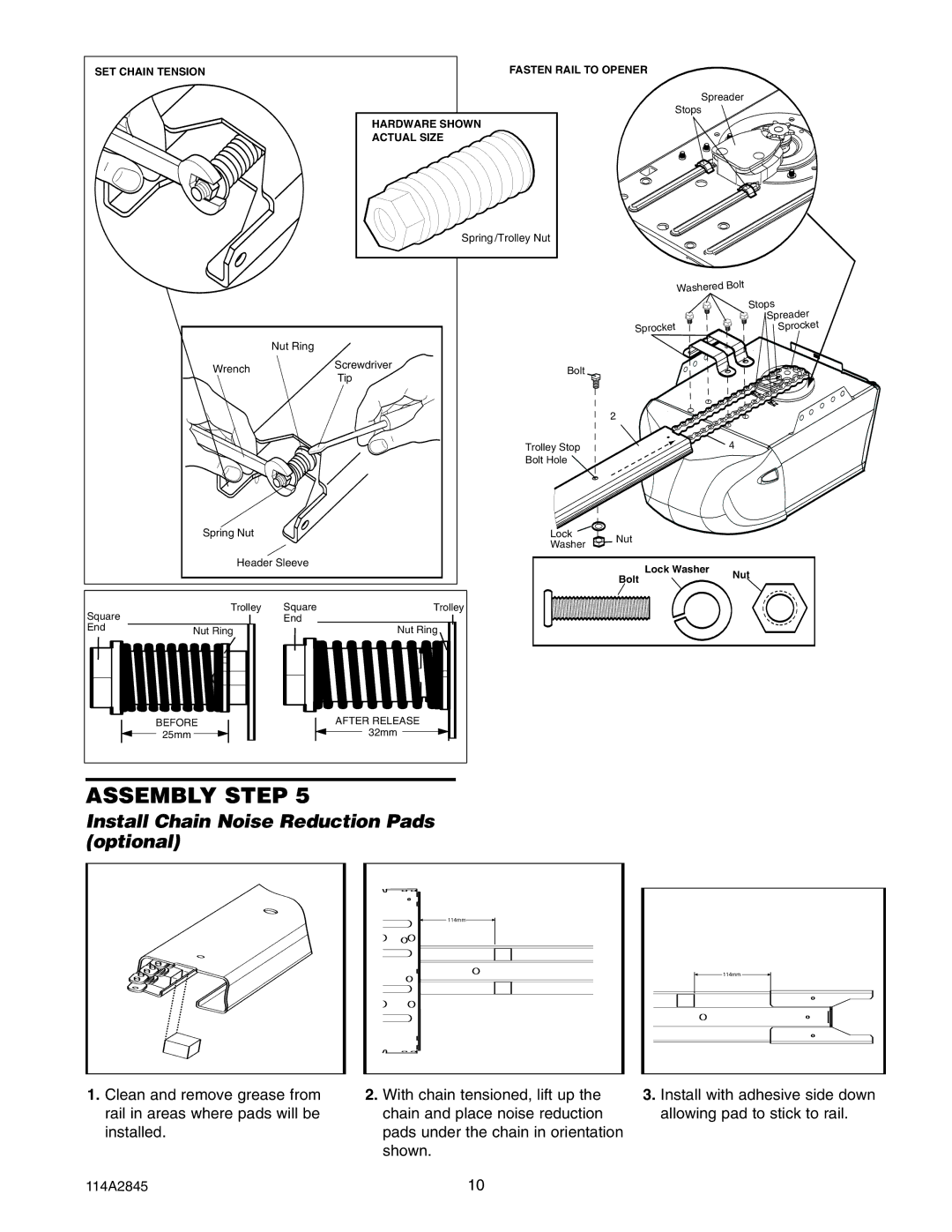 Chamberlain 1155, 80ad, 1150, 1140, 1146, 1156, 120ad, 1160jg, 1145jg manual Install Chain Noise Reduction Pads optional 