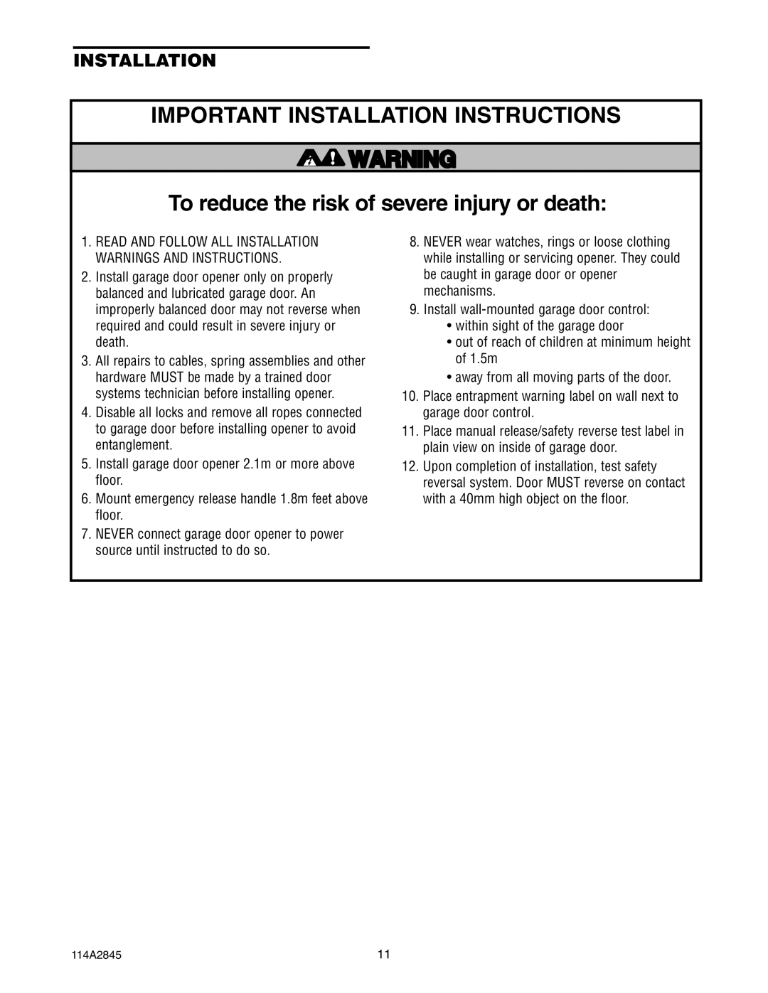 Chamberlain 80ad, 1150, 1140, 1146, 1156, 120ad, 1160jg, 1145jg, 1155 manual Important Installation Instructions 