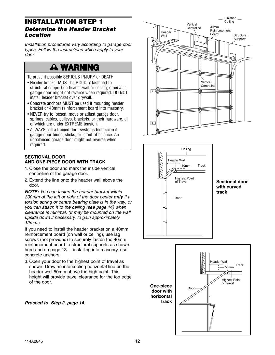 Chamberlain 80ad, 1160 Installation Step, Determine the Header Bracket Location, Sectional Door ONE-PIECE Door with Track 