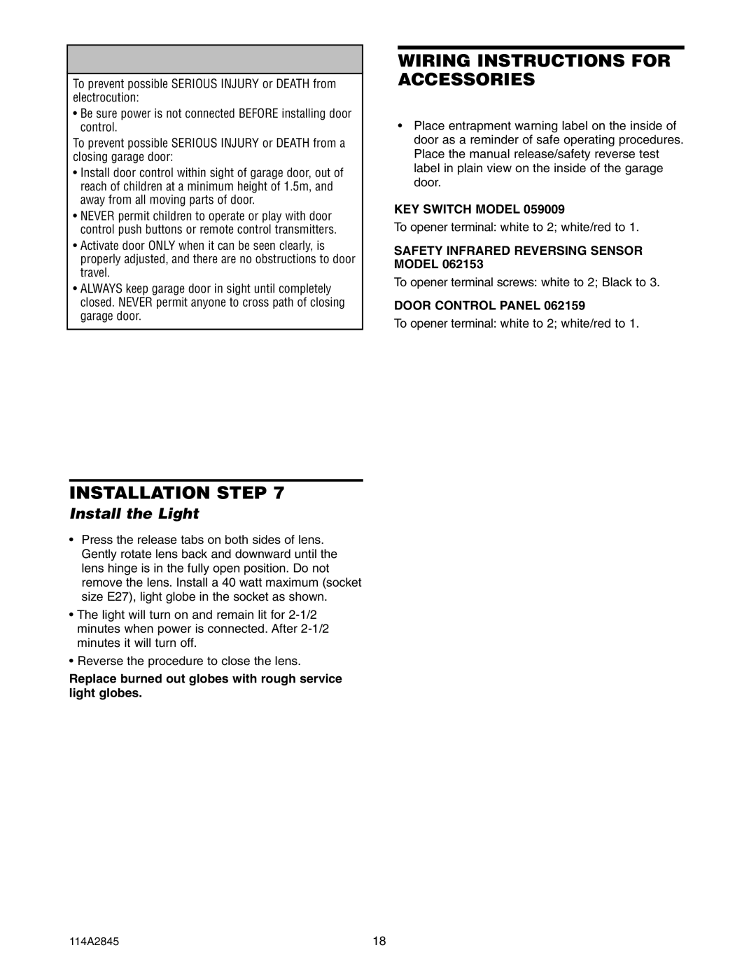 Chamberlain 120ad, 1160, 80ad Wiring Instructions for Accessories, Install the Light, KEY Switch Model, Door Control Panel 