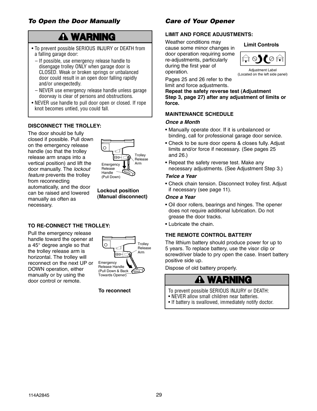 Chamberlain 120ad, 1160, 80ad, 1150 To Open the Door Manually, Care of Your Opener, Once a Month, Twice a Year, Once a Year 