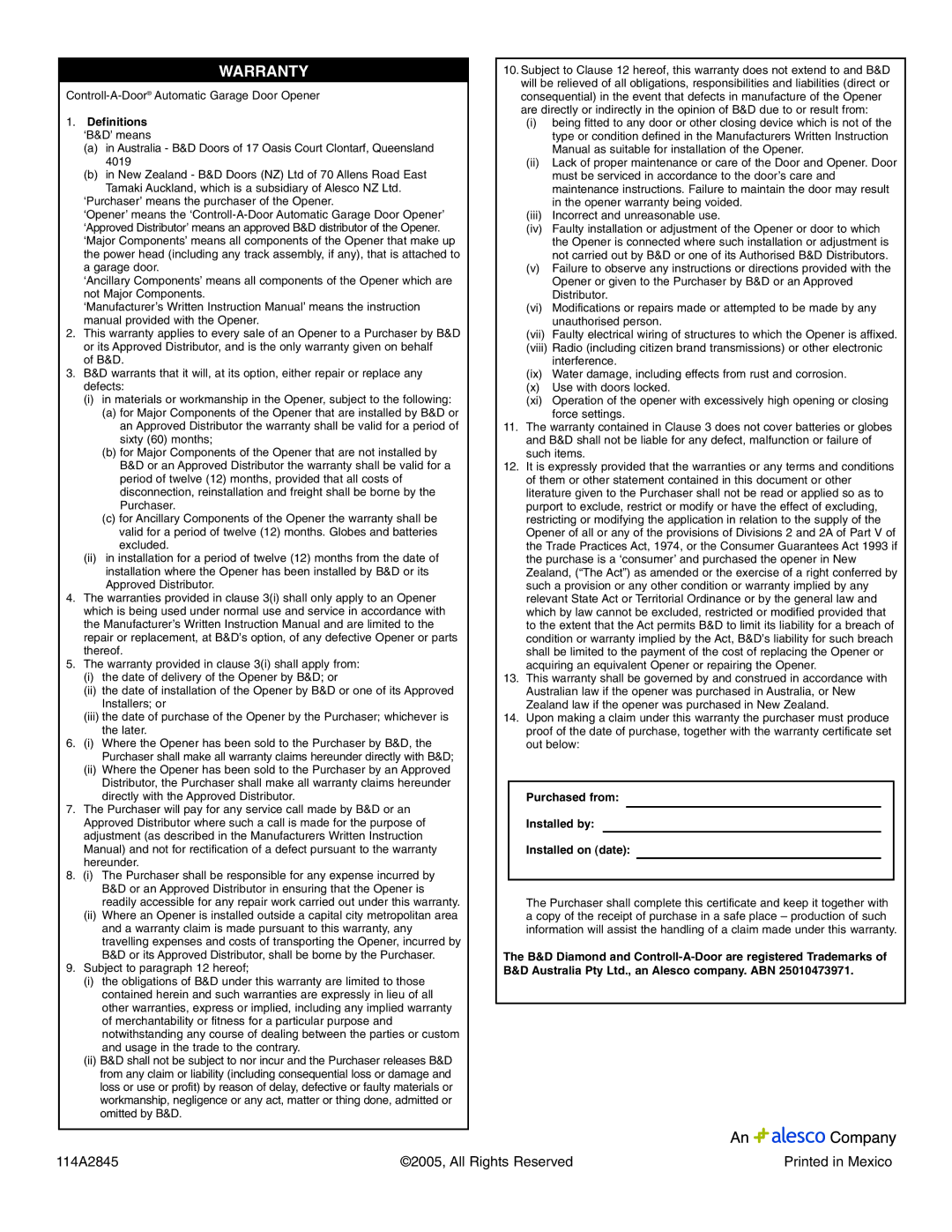 Chamberlain 1155, 80ad, 1150, 1140, 1146, 1156, 120ad, 1160jg, 1145jg manual Warranty 