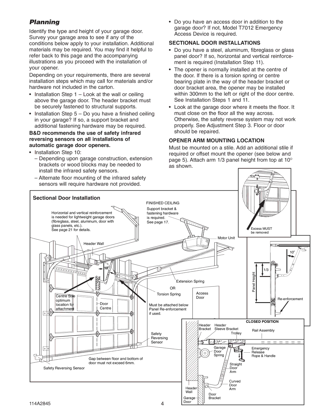 Chamberlain 1146, 1160, 80ad, 1150, 1140, 1156, 1145, 120ad Planning, Sectional Door Installations, Opener ARM Mounting Location 