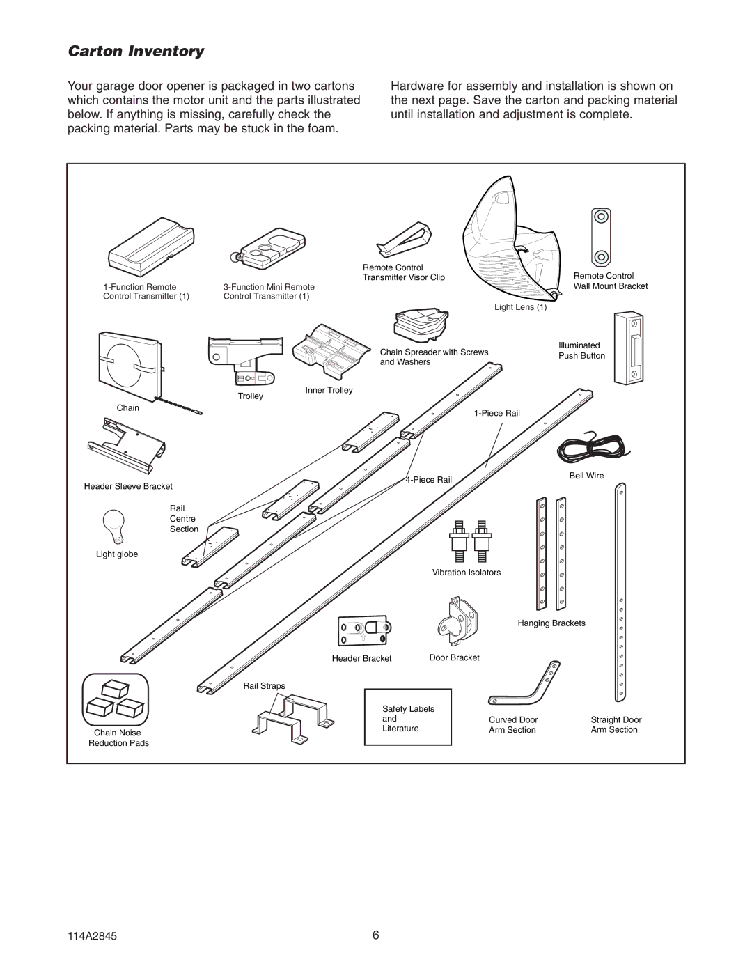 Chamberlain 80ad, 1150, 1140, 1146, 1156, 120ad, 1160jg, 1145jg, 1155 manual Carton Inventory 