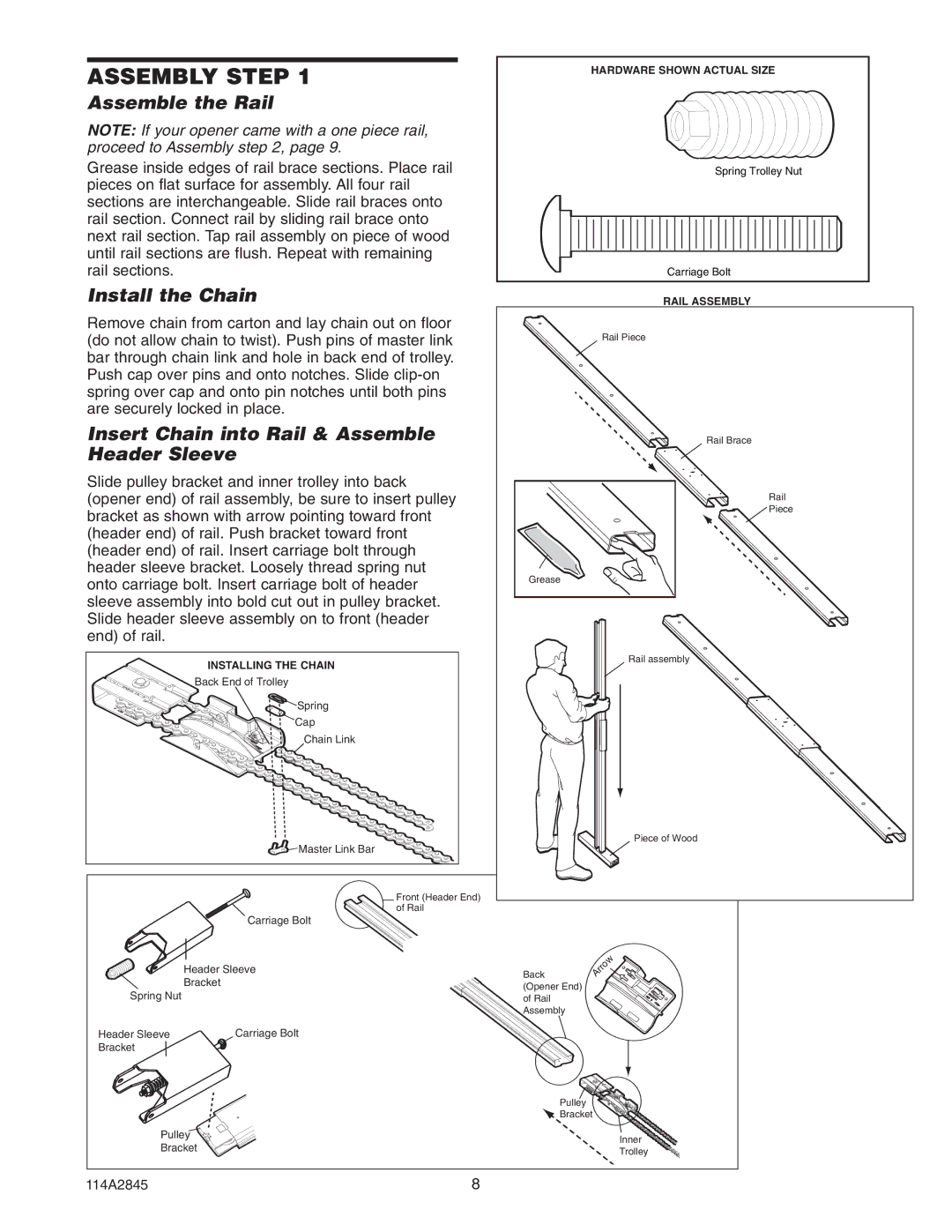 Chamberlain 1160jg Assembly Step, Assemble the Rail, Install the Chain, Insert Chain into Rail & Assemble Header Sleeve 