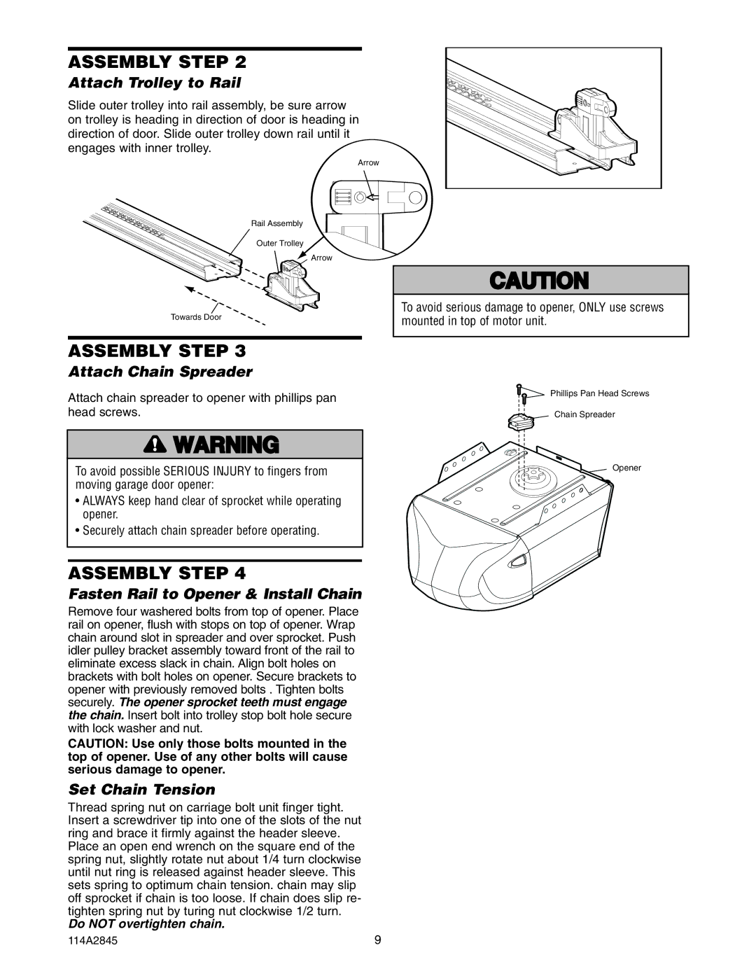 Chamberlain 1145jg Attach Trolley to Rail, Attach Chain Spreader, Fasten Rail to Opener & Install Chain, Set Chain Tension 