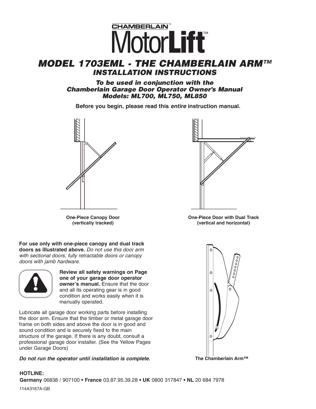 Chamberlain installation instructions Model 1703EML the Chamberlain ARM 