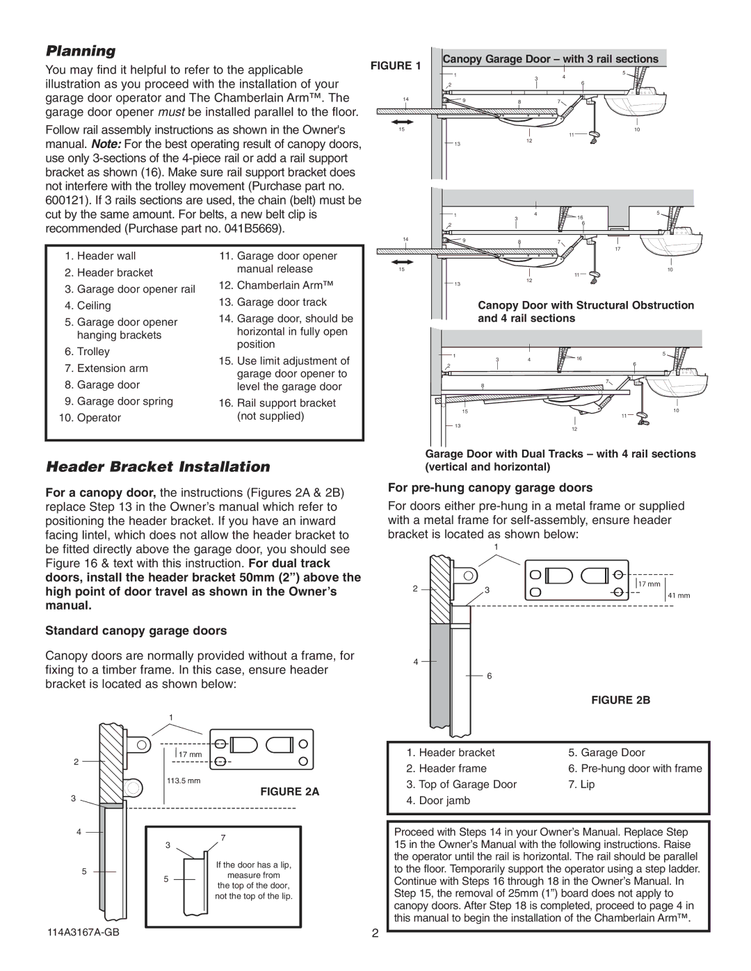 Chamberlain 1703EML Planning, Header Bracket Installation, For pre-hung canopy garage doors, Standard canopy garage doors 