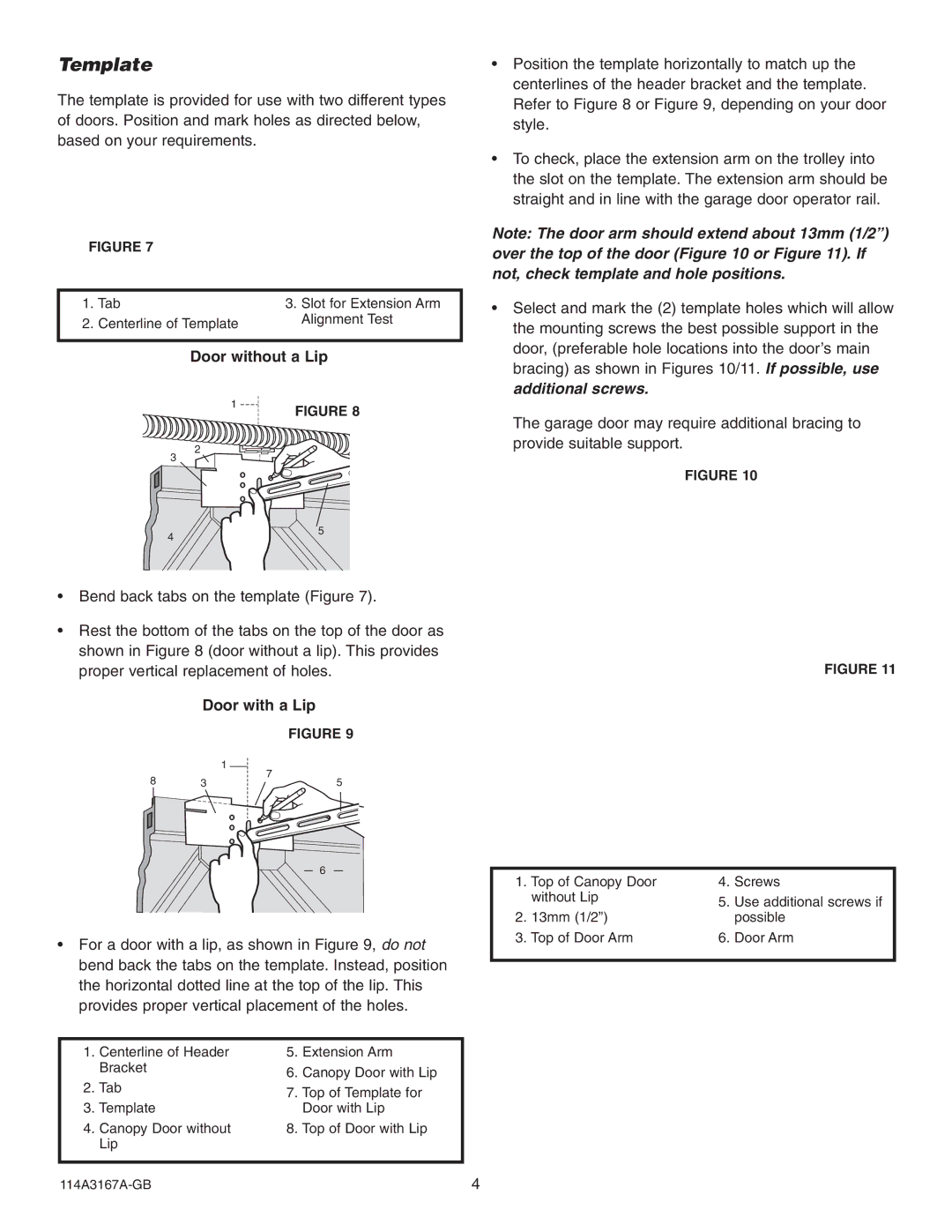 Chamberlain 1703EML installation instructions Template, Door without a Lip, Door with a Lip 