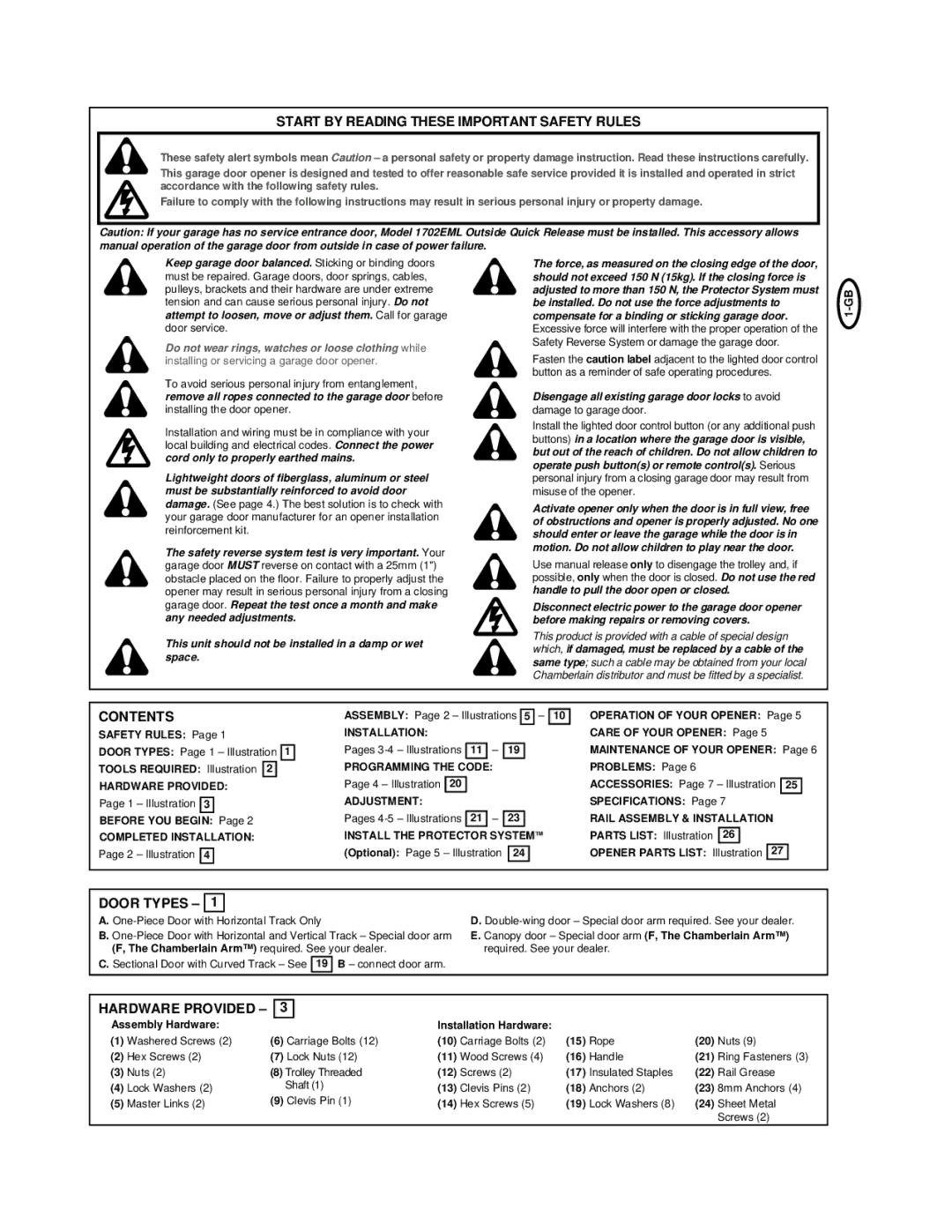 Chamberlain 2000UK manual Start by Reading These Important Safety Rules, Contents, Door Types, Hardware Provided 