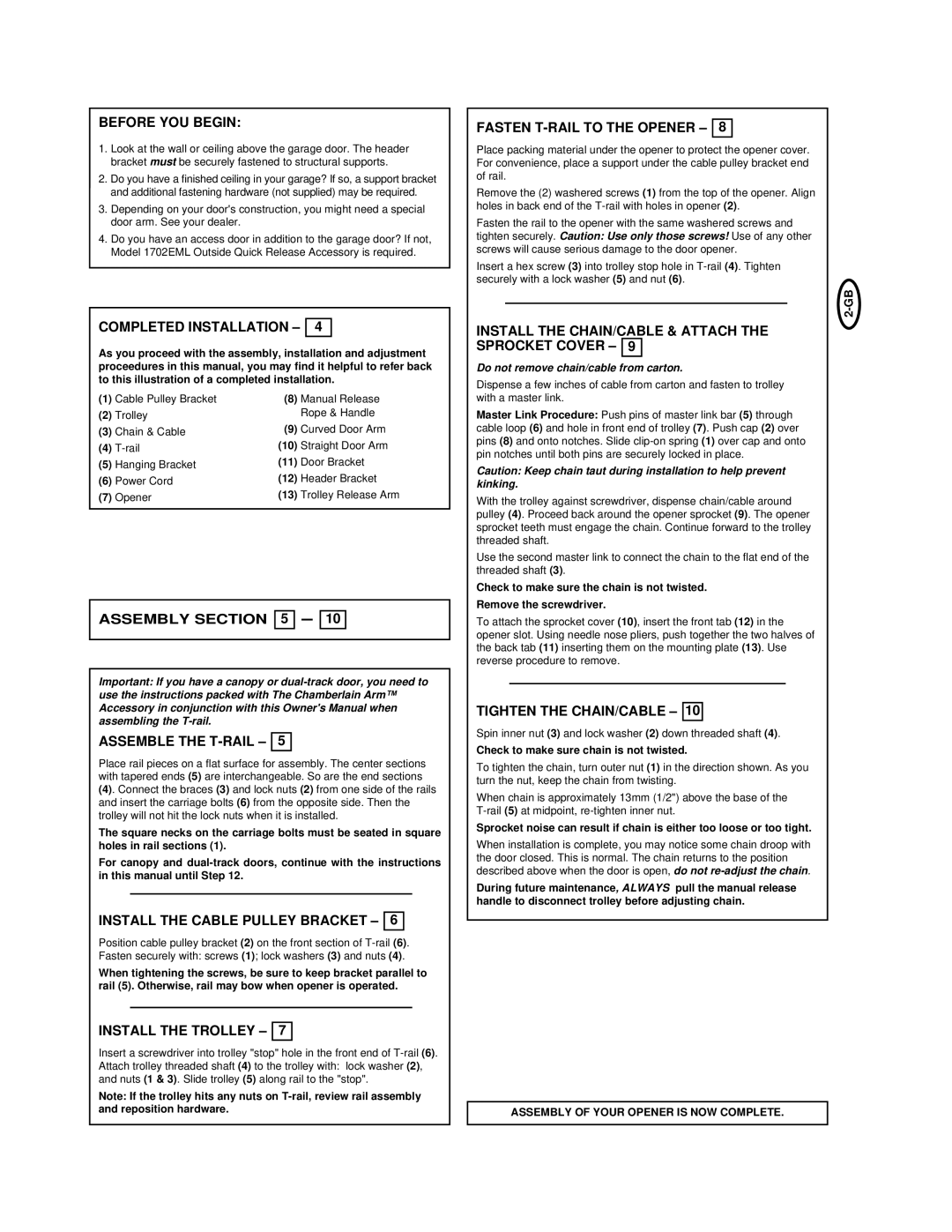 Chamberlain 2000UK manual Before YOU Begin, Completed Installation, Assembly Assemble the T-RAIL, Install the Trolley 