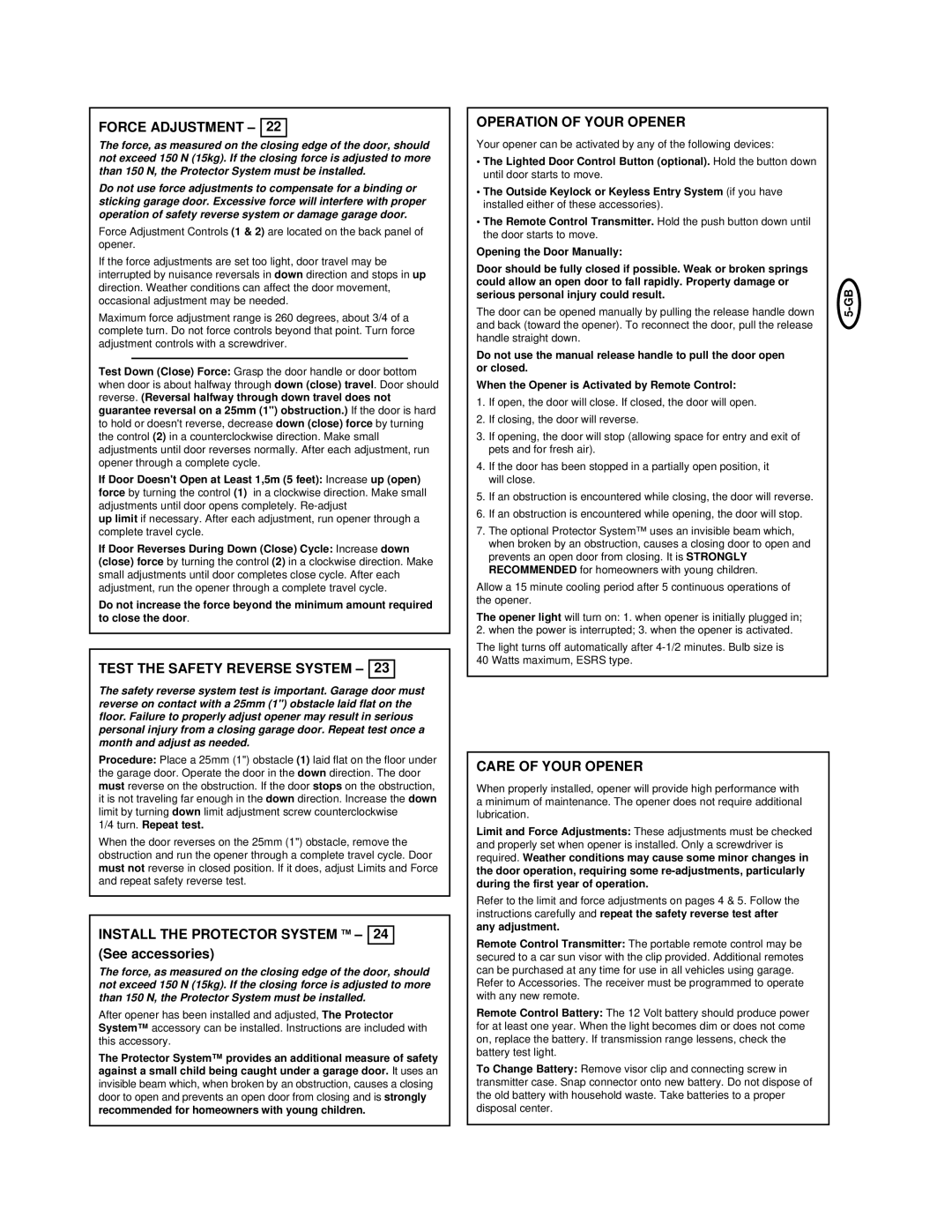 Chamberlain 2000UK manual Force Adjustment, Test the Safety Reverse System, Operation of Your Opener, Care of Your Opener 