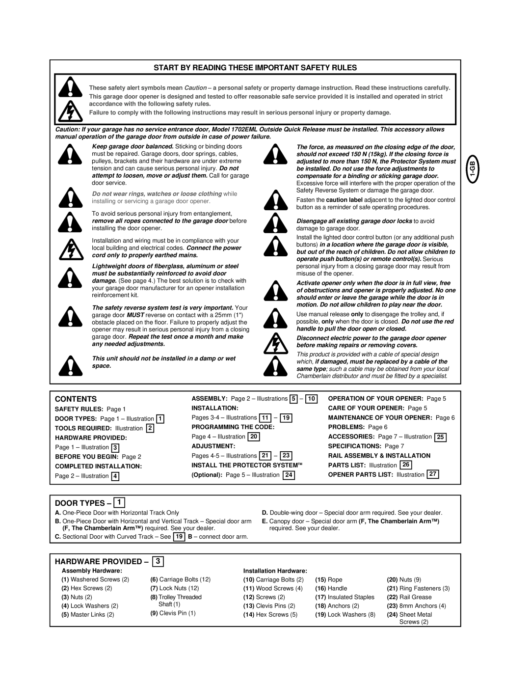 Chamberlain 2000UK manual Start By Reading These Important Safety Rules, Contents, Door Types, Hardware Provided, 1-GB 