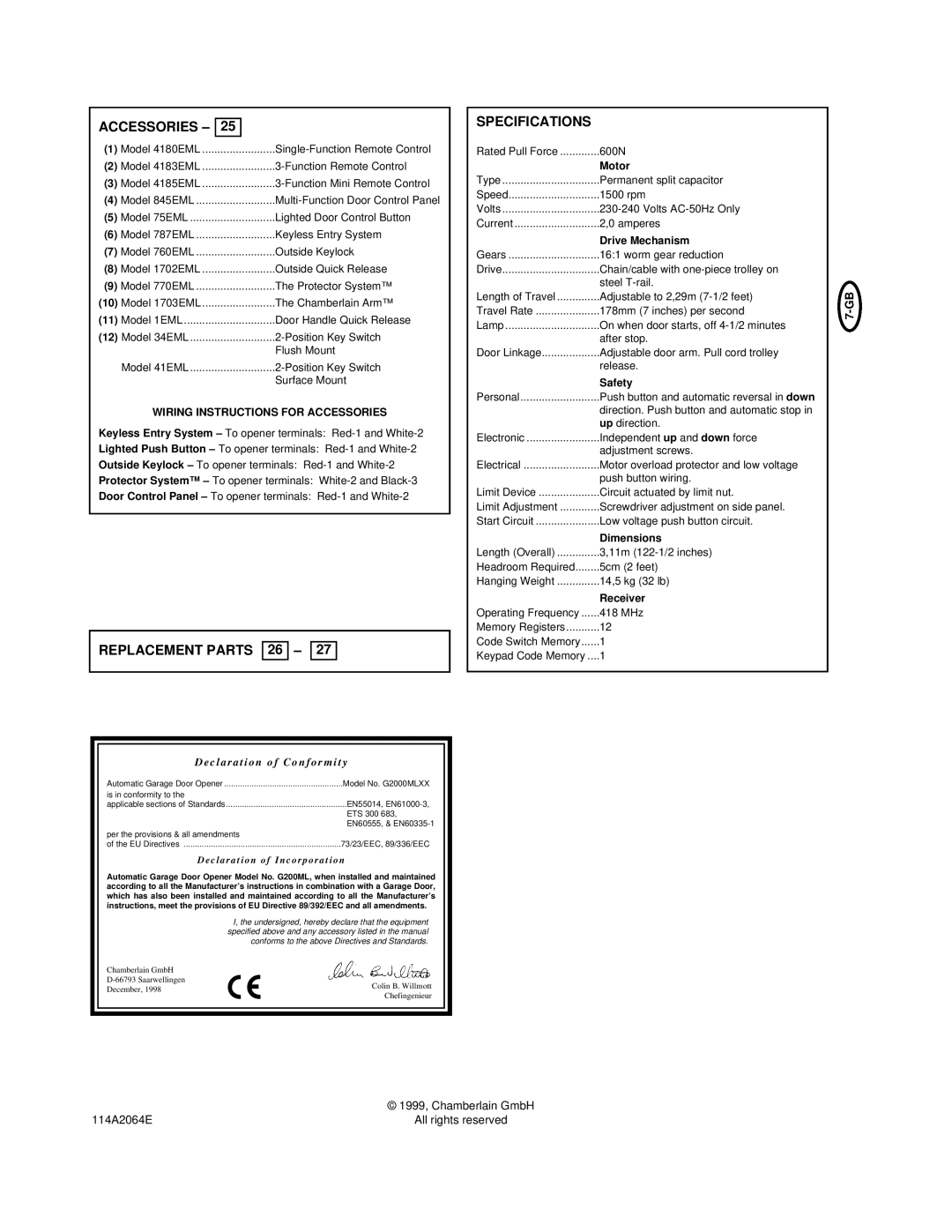 Chamberlain 2000UK manual Accessories, REPLACEMENT PARTS 26, Specifications, 7-GB, 114A2064E 