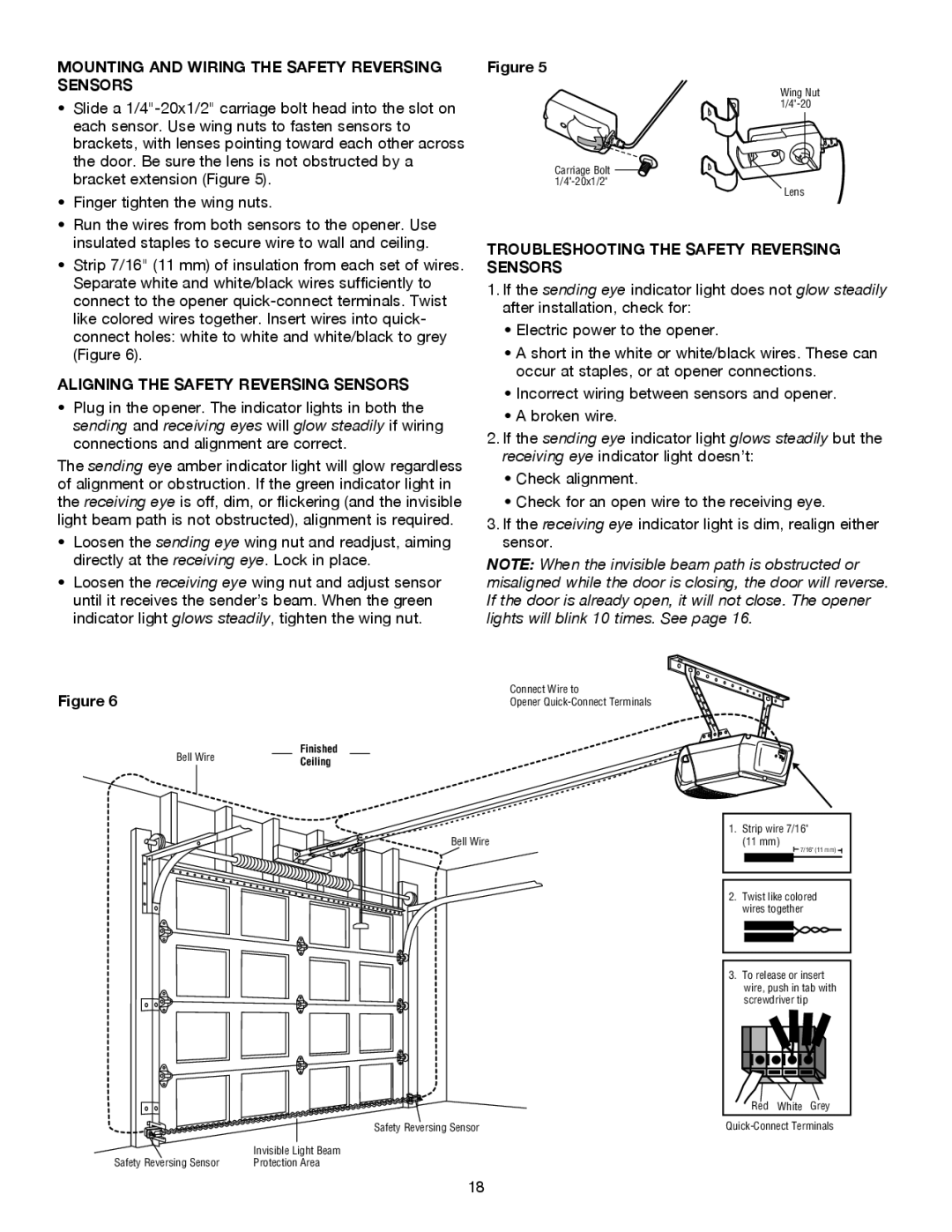 Chamberlain 3255-2M 1/2 HP Mounting and Wiring the Safety Reversing Sensors, Troubleshooting the Safety Reversing 