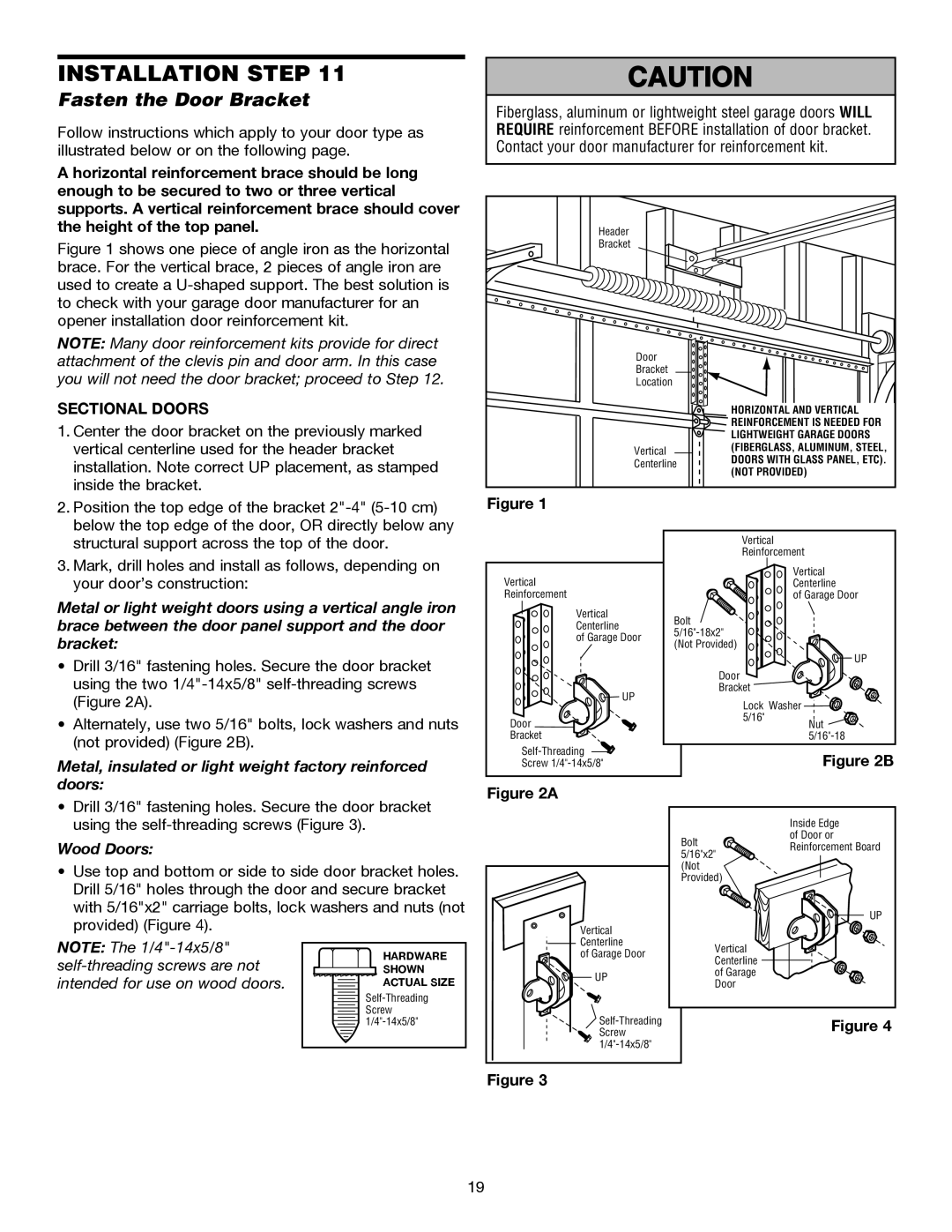 Chamberlain 3245M 1/3 HP, 3255-2M 1/2 HP, 3255M 1/2 HP owner manual Fasten the Door Bracket, Sectional Doors, Wood Doors 