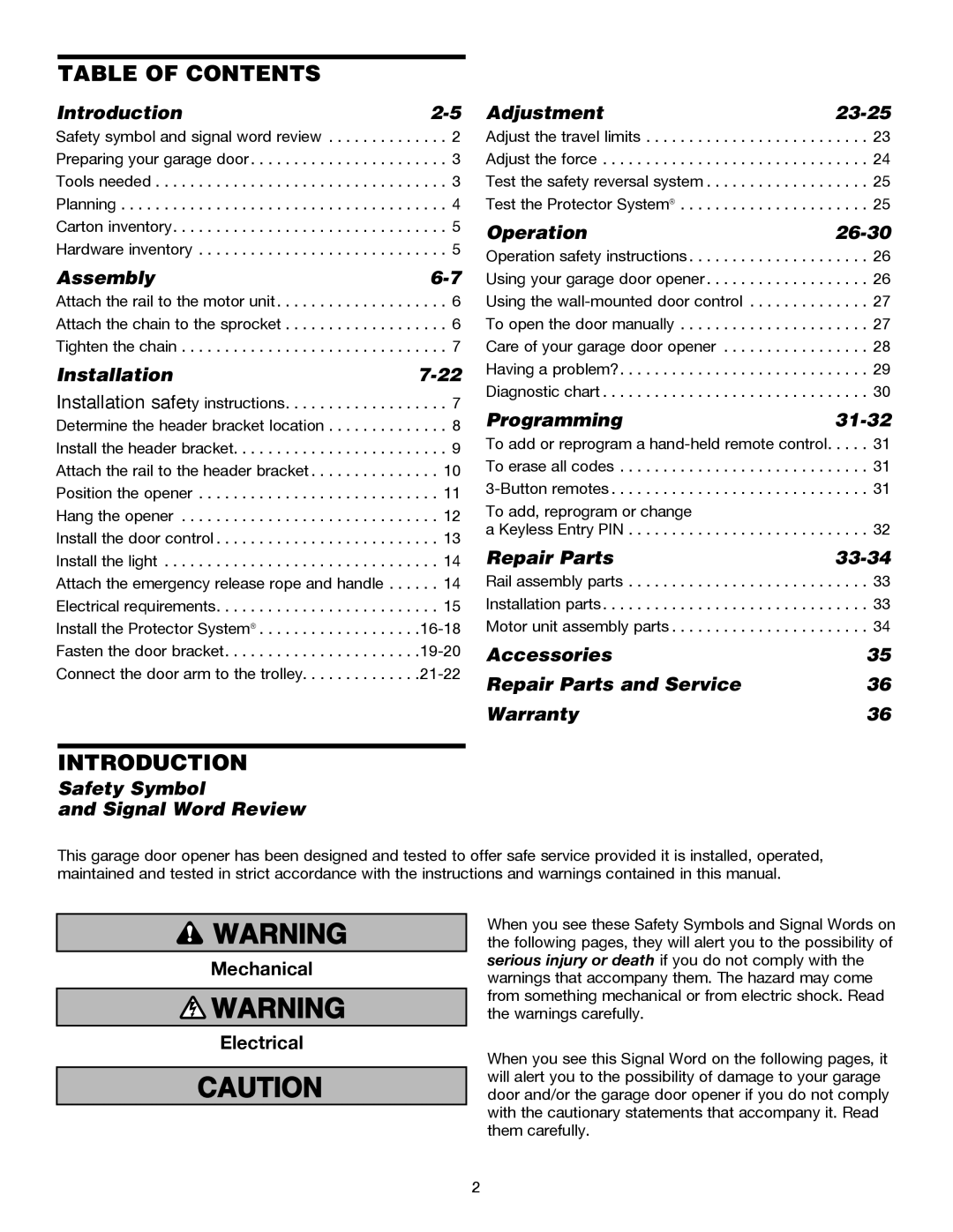 Chamberlain 3255M 1/2 HP, 3255-2M 1/2 HP, 3245M 1/3 HP owner manual Table of Contents, Introduction 