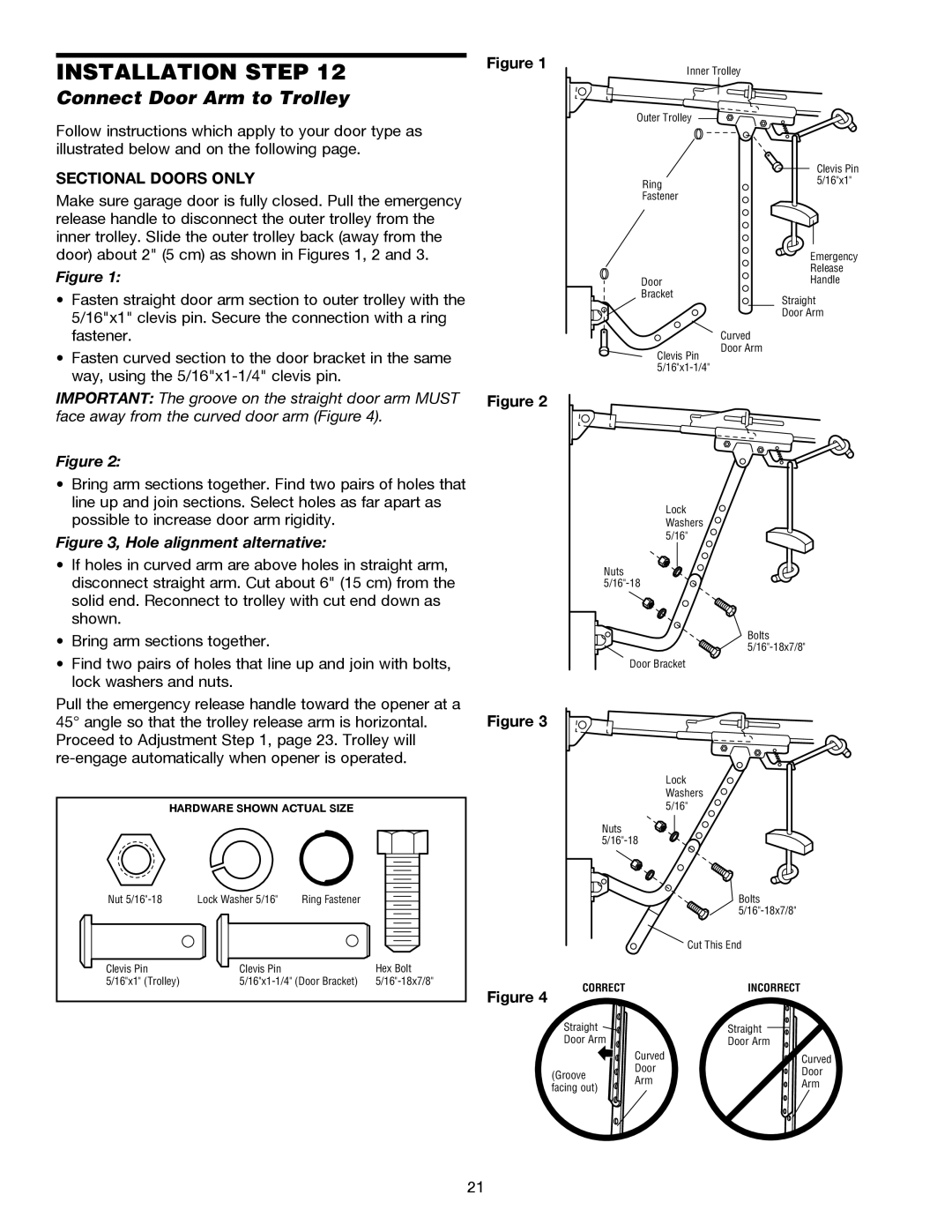 Chamberlain 3255-2M 1/2 HP, 3245M 1/3 HP, 3255M 1/2 HP owner manual Connect Door Arm to Trolley, Sectional Doors only 