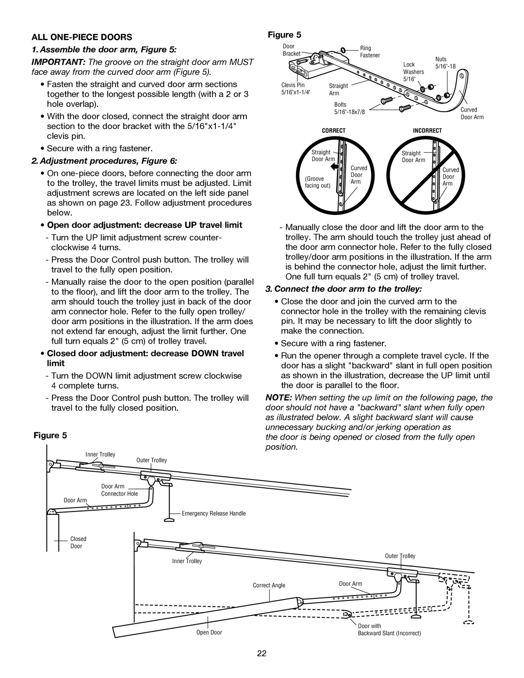 Chamberlain 3245M 1/3 HP, 3255-2M 1/2 HP ALL ONE-PIECE Doors, Assemble the door arm, Figure, Adjustment procedures, Figure 