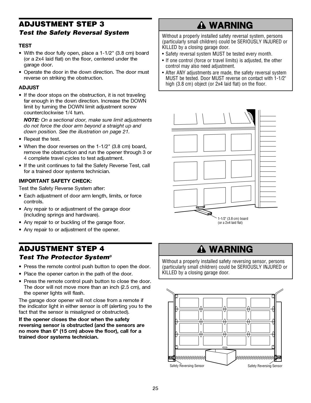 Chamberlain 3245M 1/3 HP Test the Safety Reversal System, Test The Protector System, Adjust, Important Safety Check 