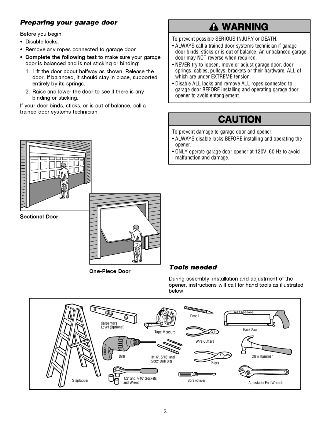 Chamberlain 3255-2M 1/2 HP, 3245M 1/3 HP Preparing your garage door, Tools needed, Sectional Door, One-Piece Door 