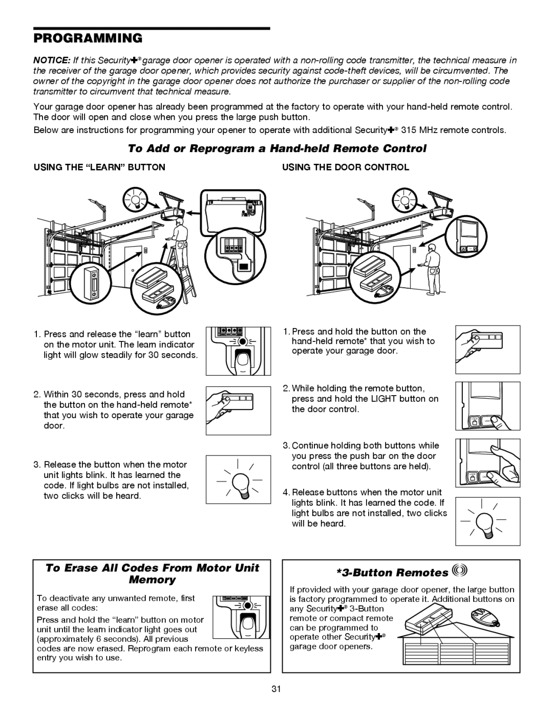 Chamberlain 3245M 1/3 HP, 3255-2M 1/2 HP Programming, To Add or Reprogram a Hand-held Remote Control, Button Remotes 