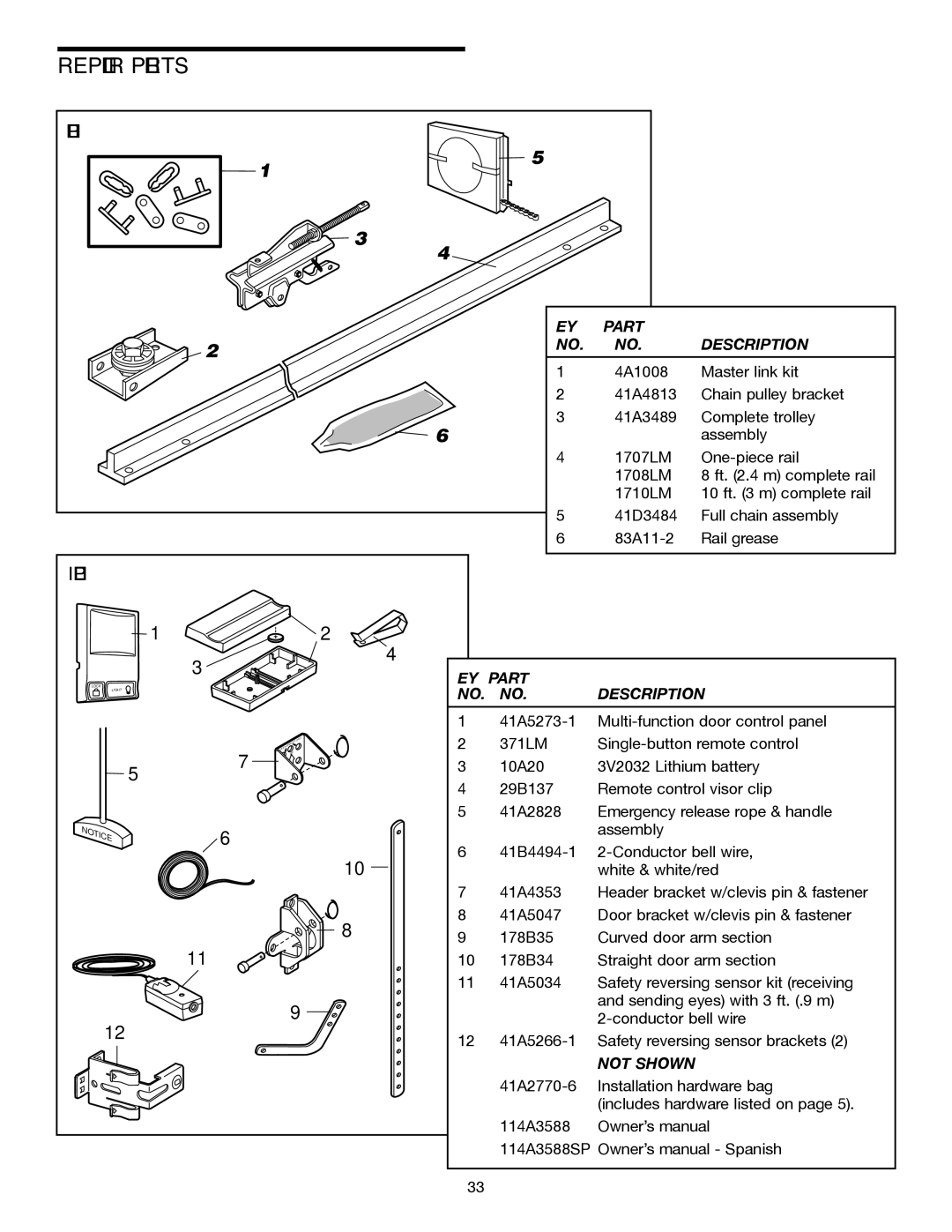 Chamberlain 3255-2M 1/2 HP, 3245M 1/3 HP, 3255M 1/2 HP owner manual Repair Parts, Rail Assembly Parts, Installation Parts 