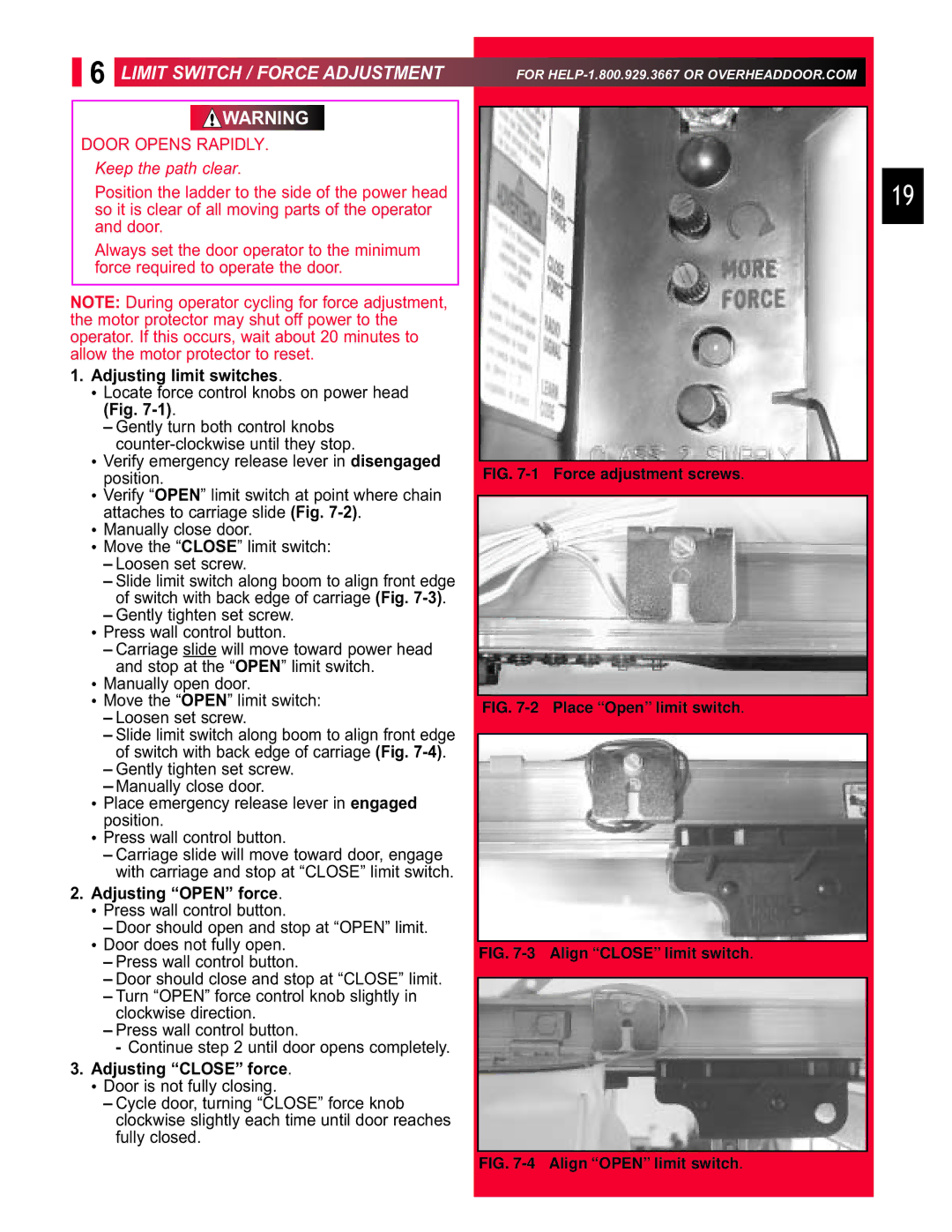 Chamberlain 3453135556 manual Limit Switch / Force Adjustment, Adjusting limit switches, Adjusting Open force 