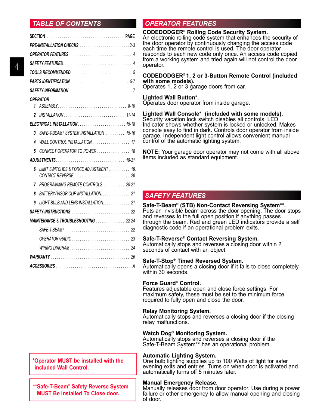 Chamberlain 3453135556 manual Table of Contents, Operator Features, Safety Features 