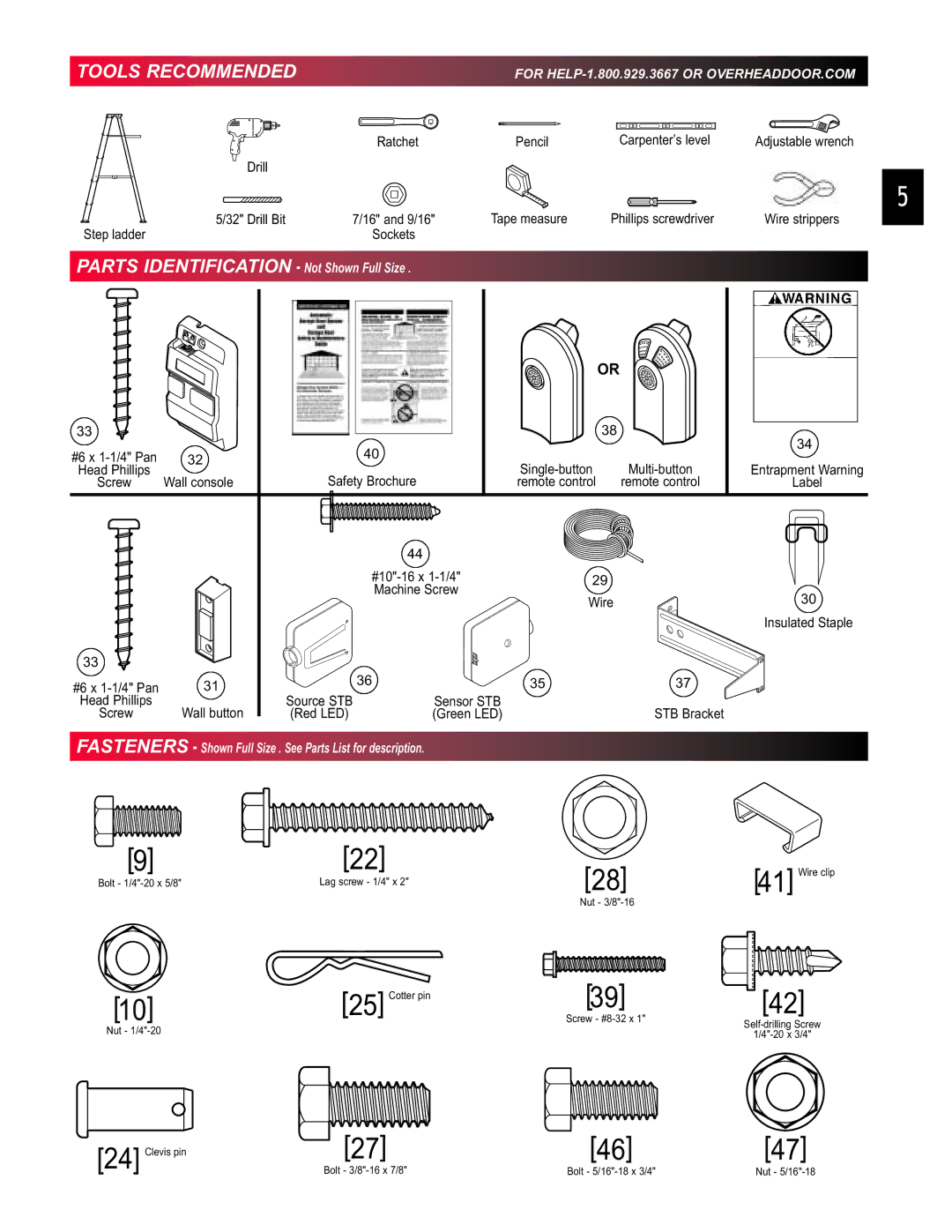 Chamberlain 3453135556 manual Tools Recommended, Parts Identification Not Shown Full Size 