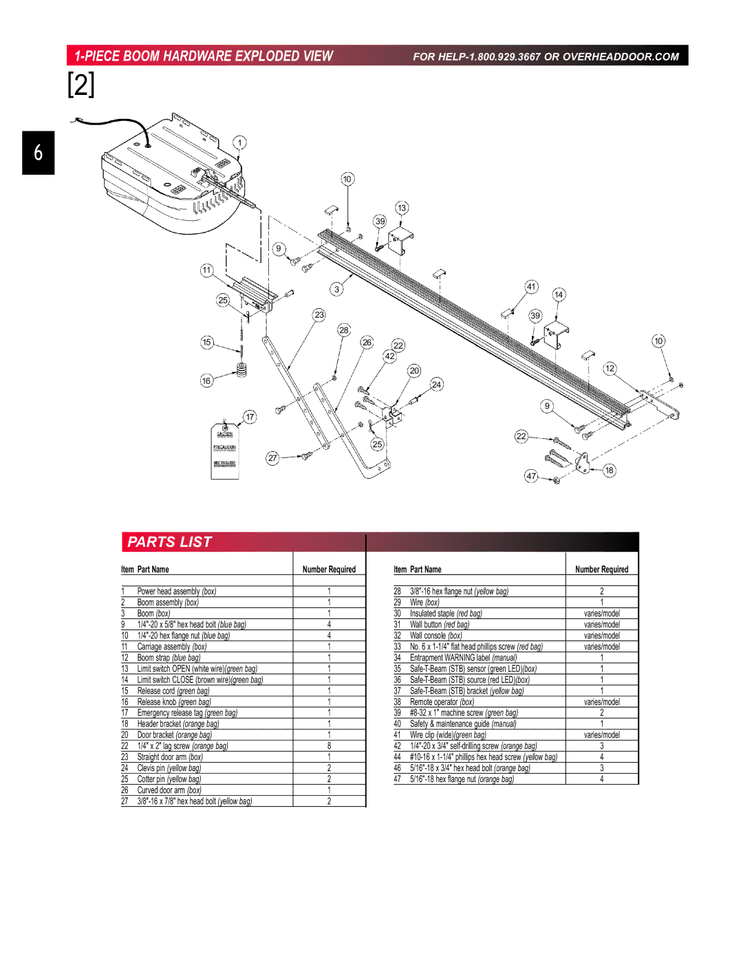 Chamberlain 3453135556 manual Piece Boom Hardware Exploded View, Parts List 